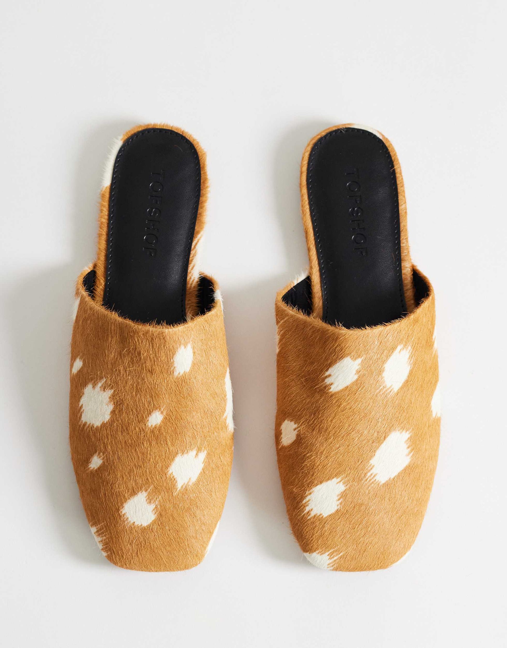 Topshop Lillie round toe flat shoe in deer print hair on real leather 