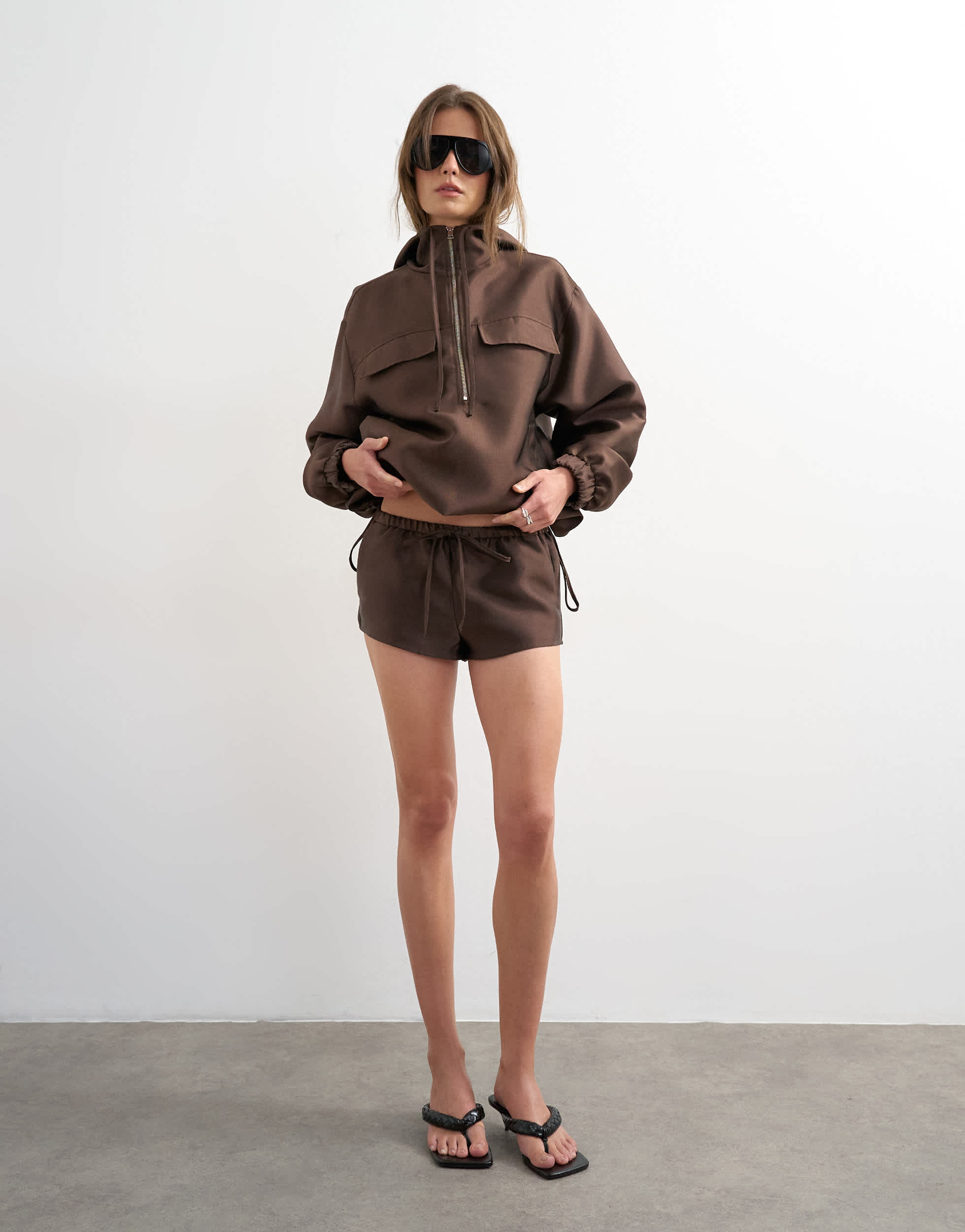 Topshop satin twill runner short co ord in brown