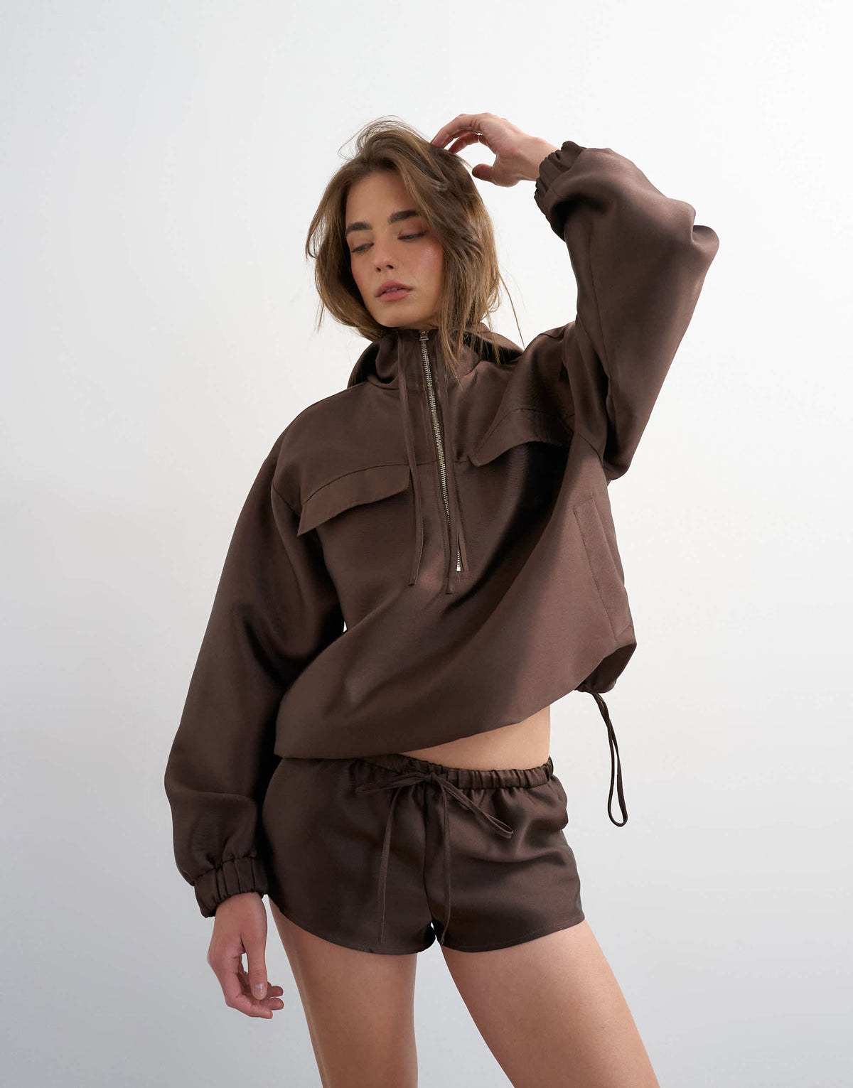 Topshop satin twill runner short co ord in brown