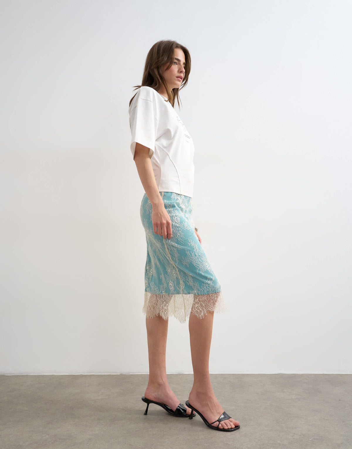 Topshop lace midi skirt with blue insert in ecru