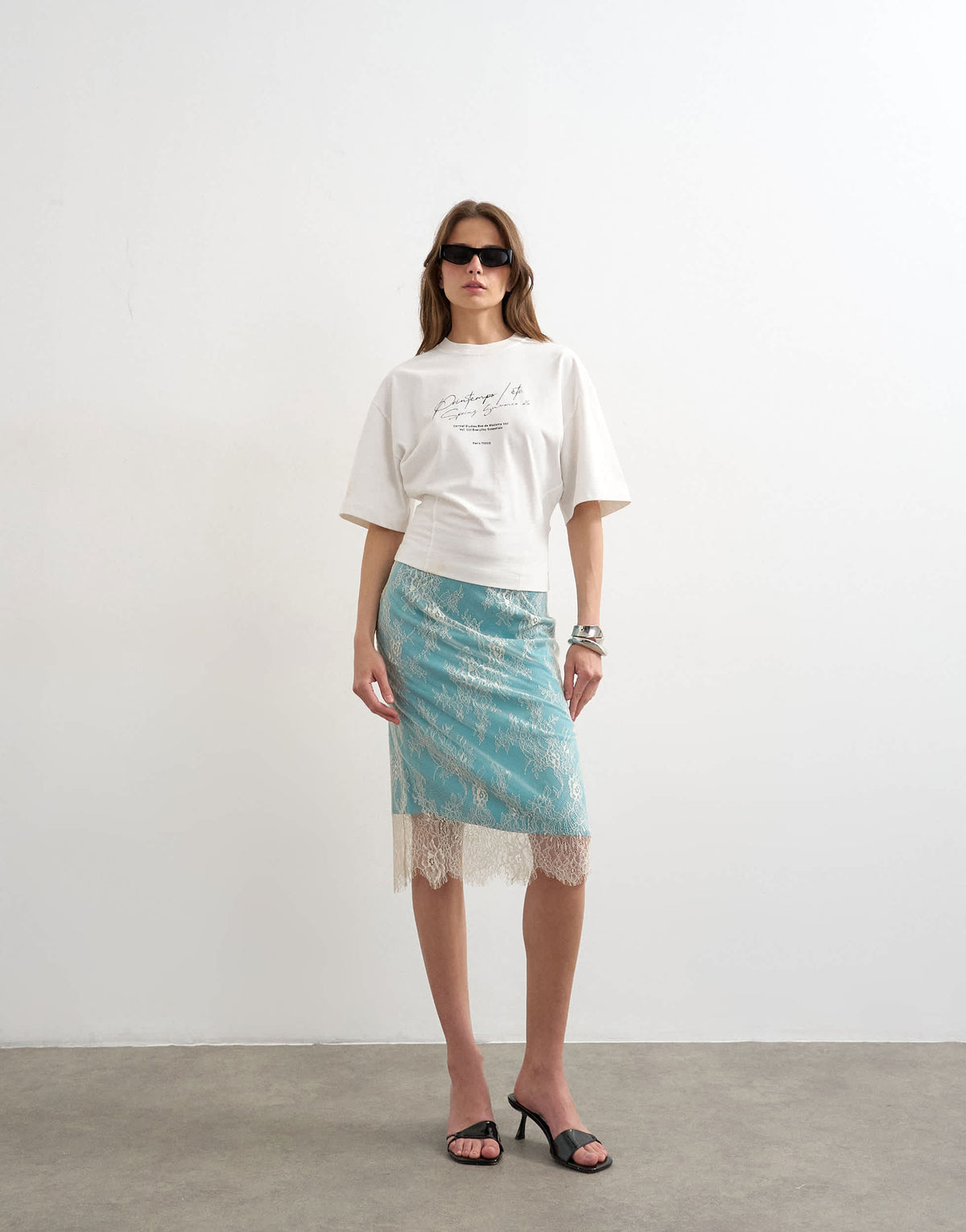 Topshop lace midi skirt with blue insert in ecru