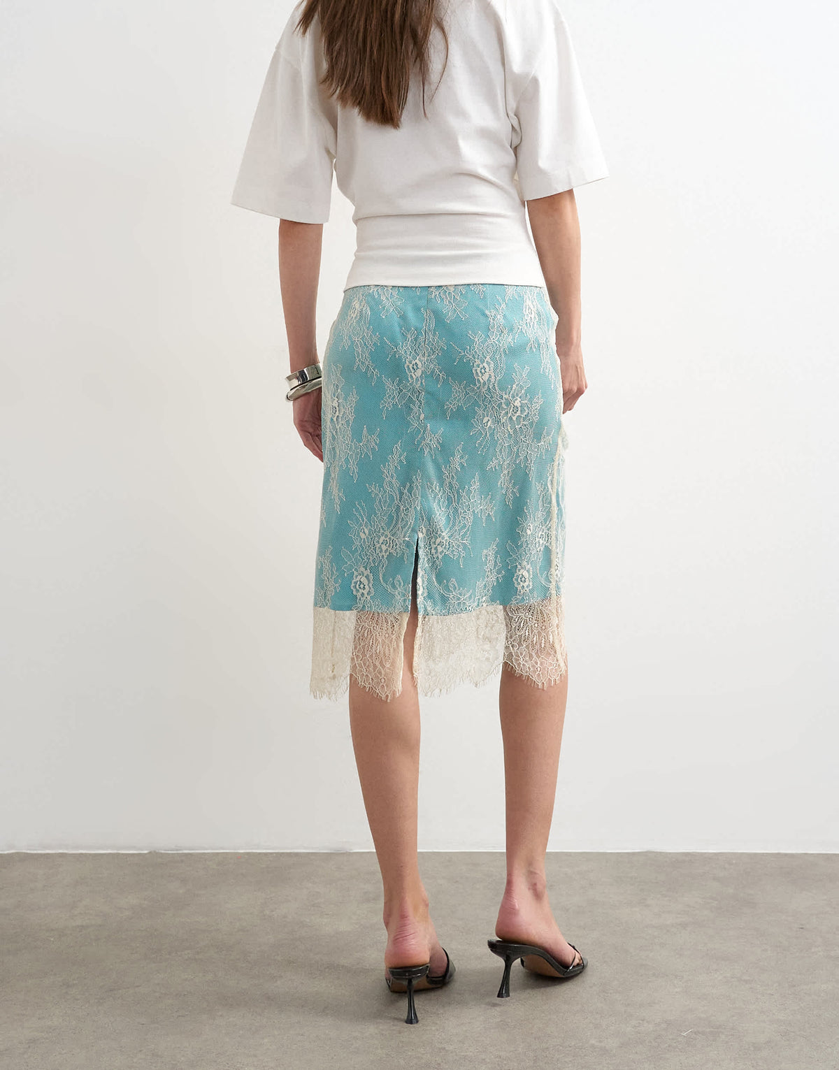 Topshop lace midi skirt with blue insert in ecru