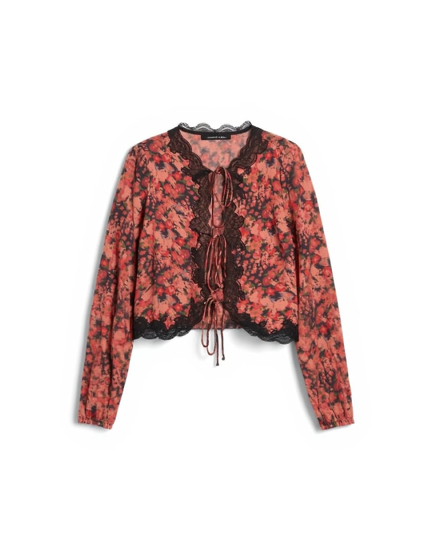 Topshop tie front lace detail blouse in floral print