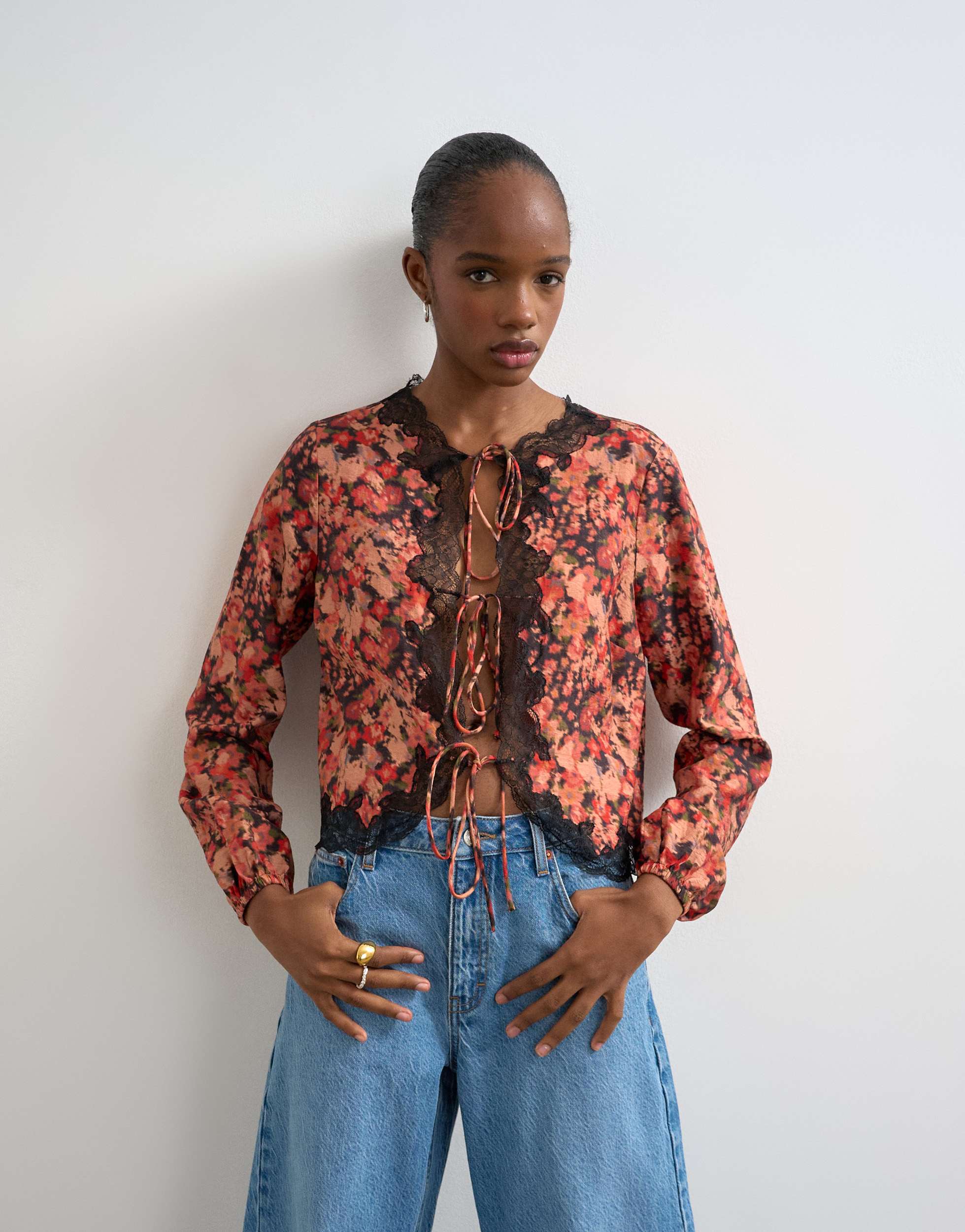 Topshop tie front lace detail blouse in floral print