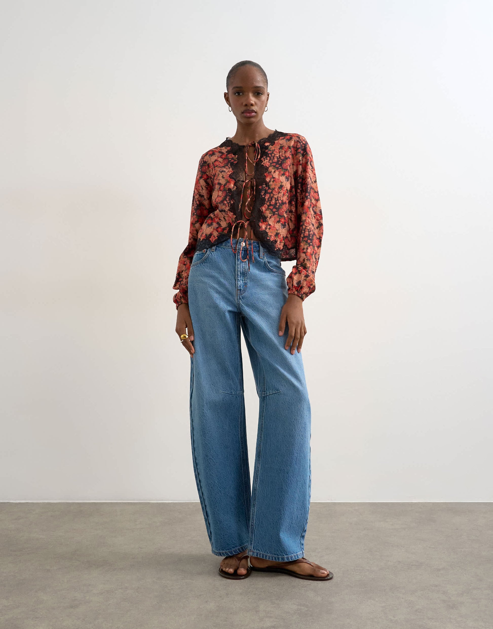Topshop tie front lace detail blouse in floral print