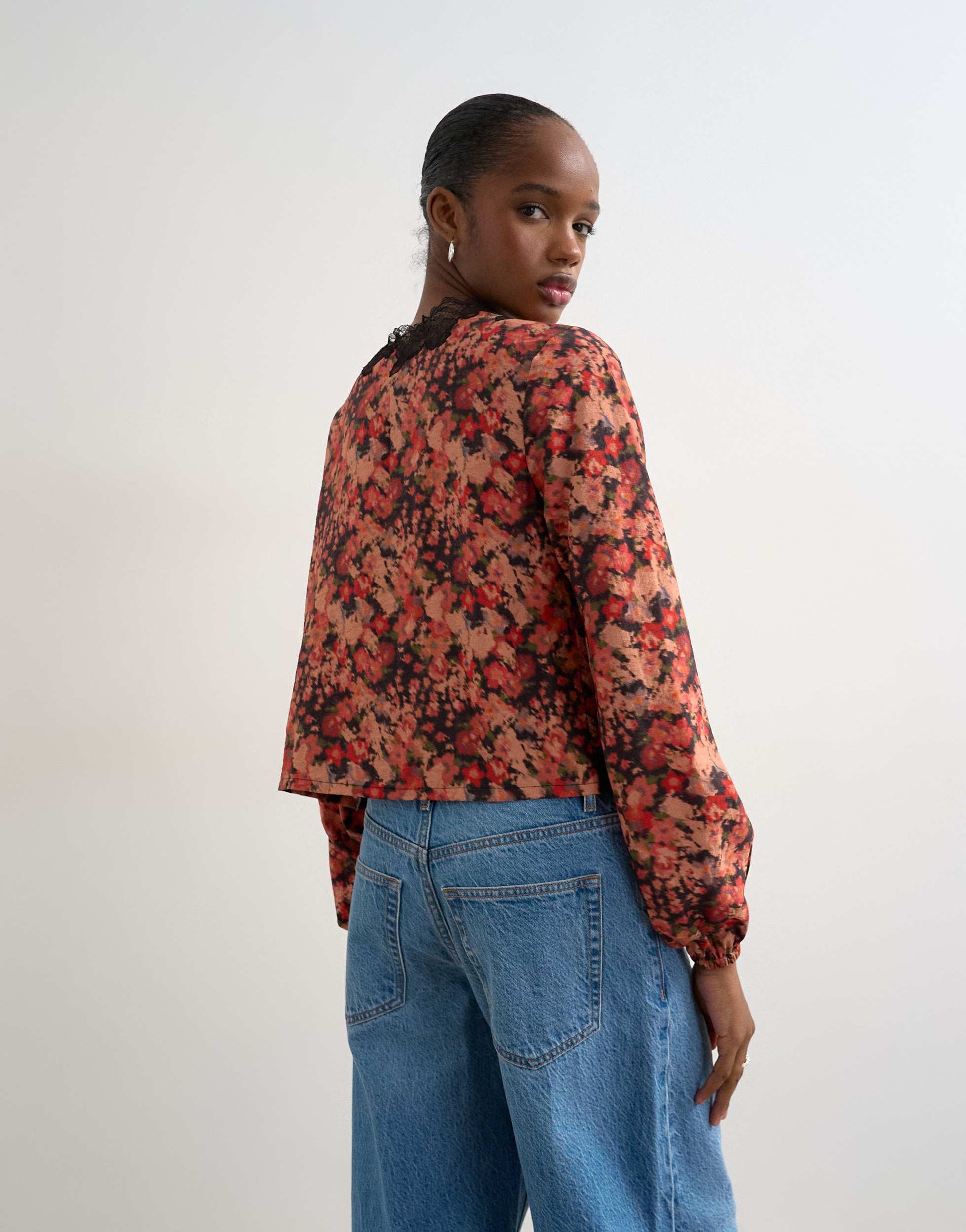 Topshop tie front lace detail blouse in floral print