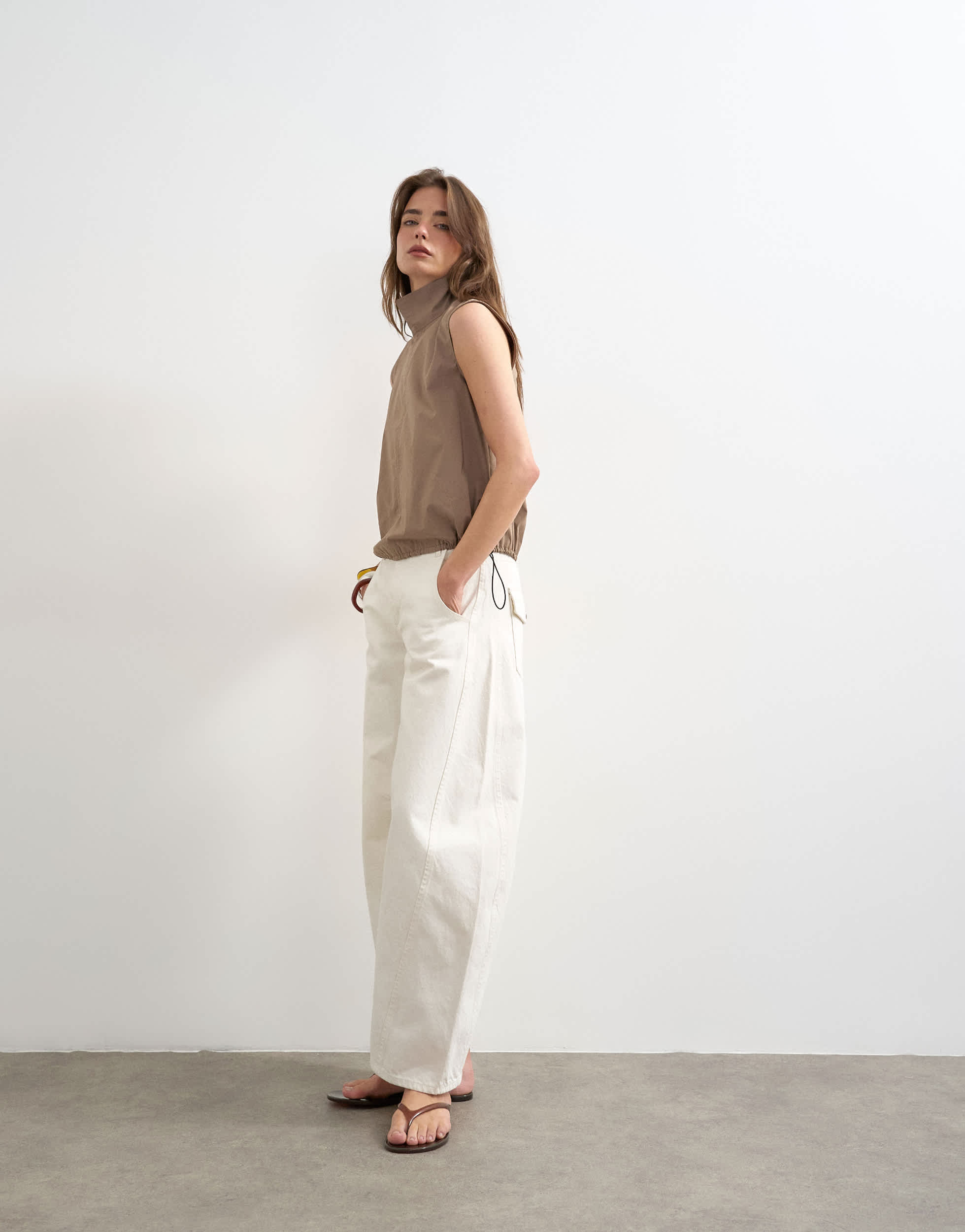 Topshop techy funnel drawstring hem top in mocha