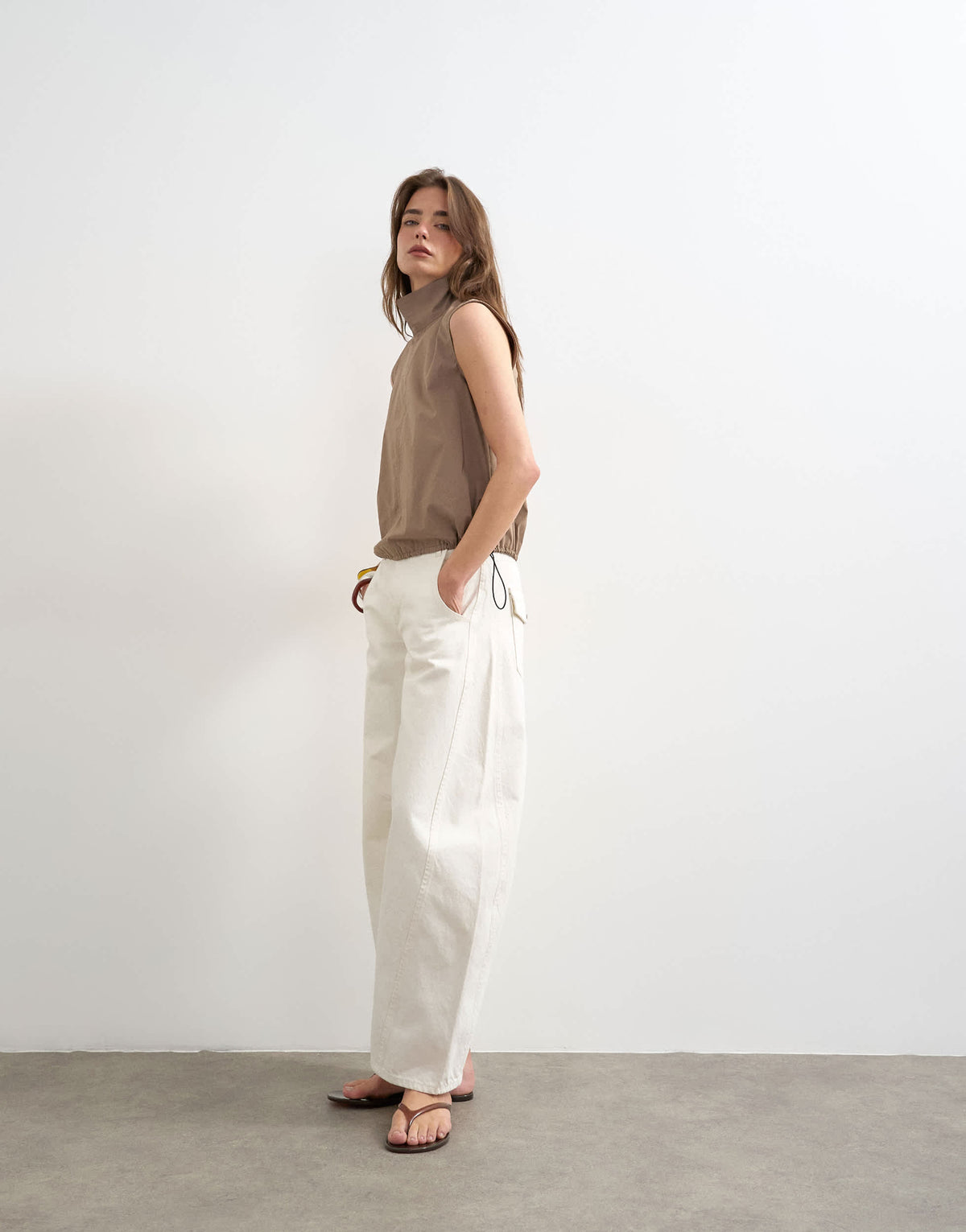 Topshop techy funnel drawstring hem top in mocha