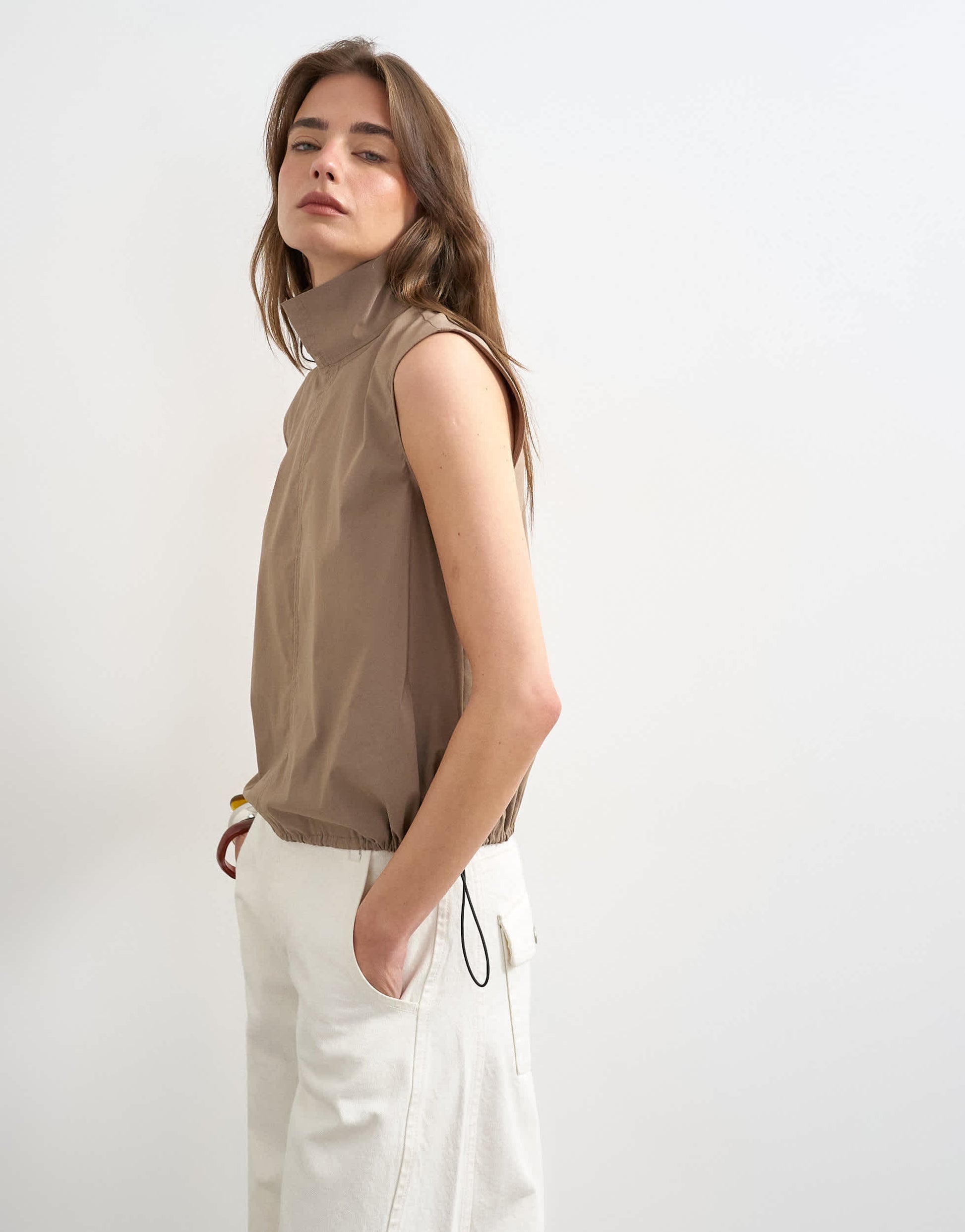Topshop techy funnel drawstring hem top in mocha