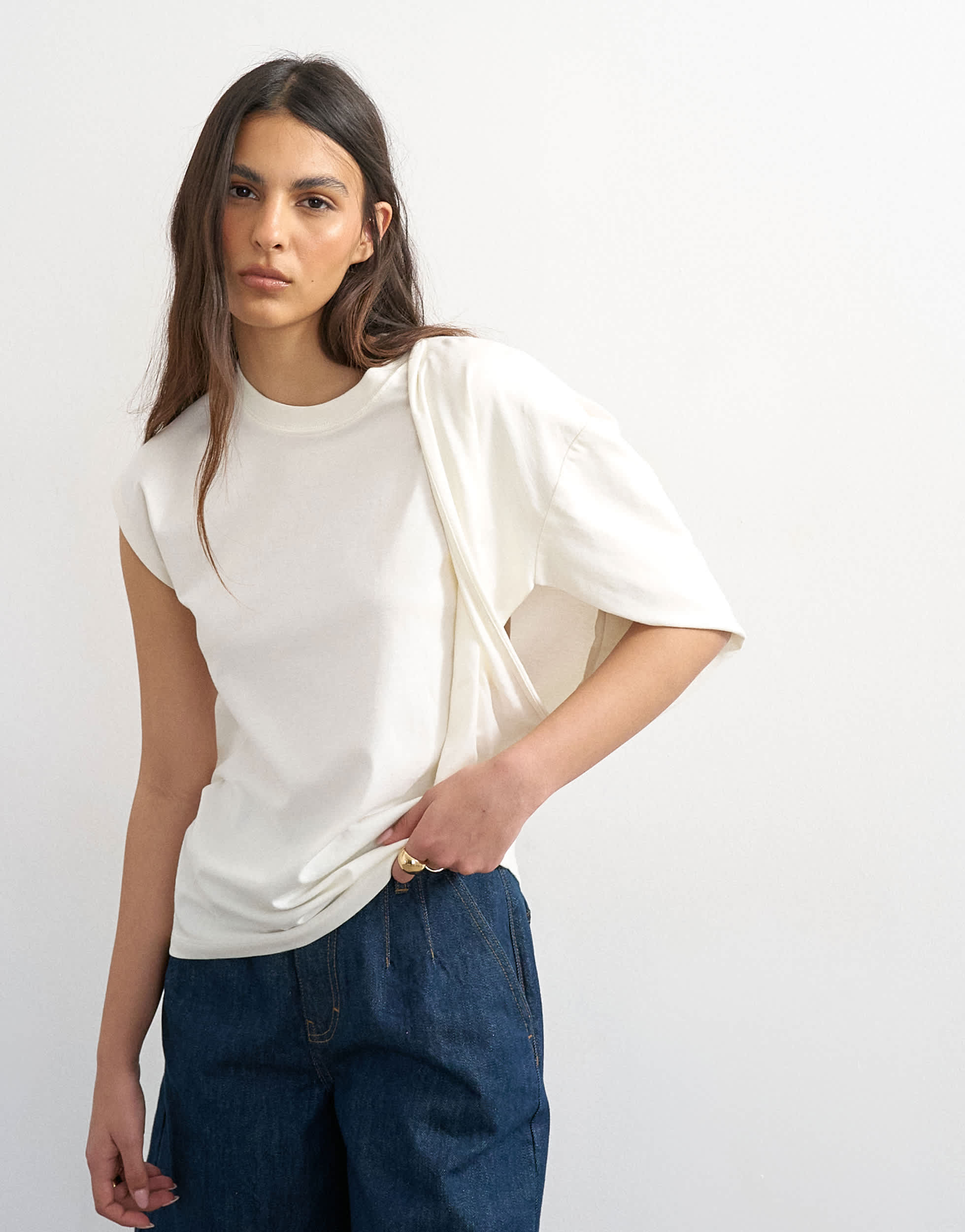 Topshop twist shoulder top in ivory