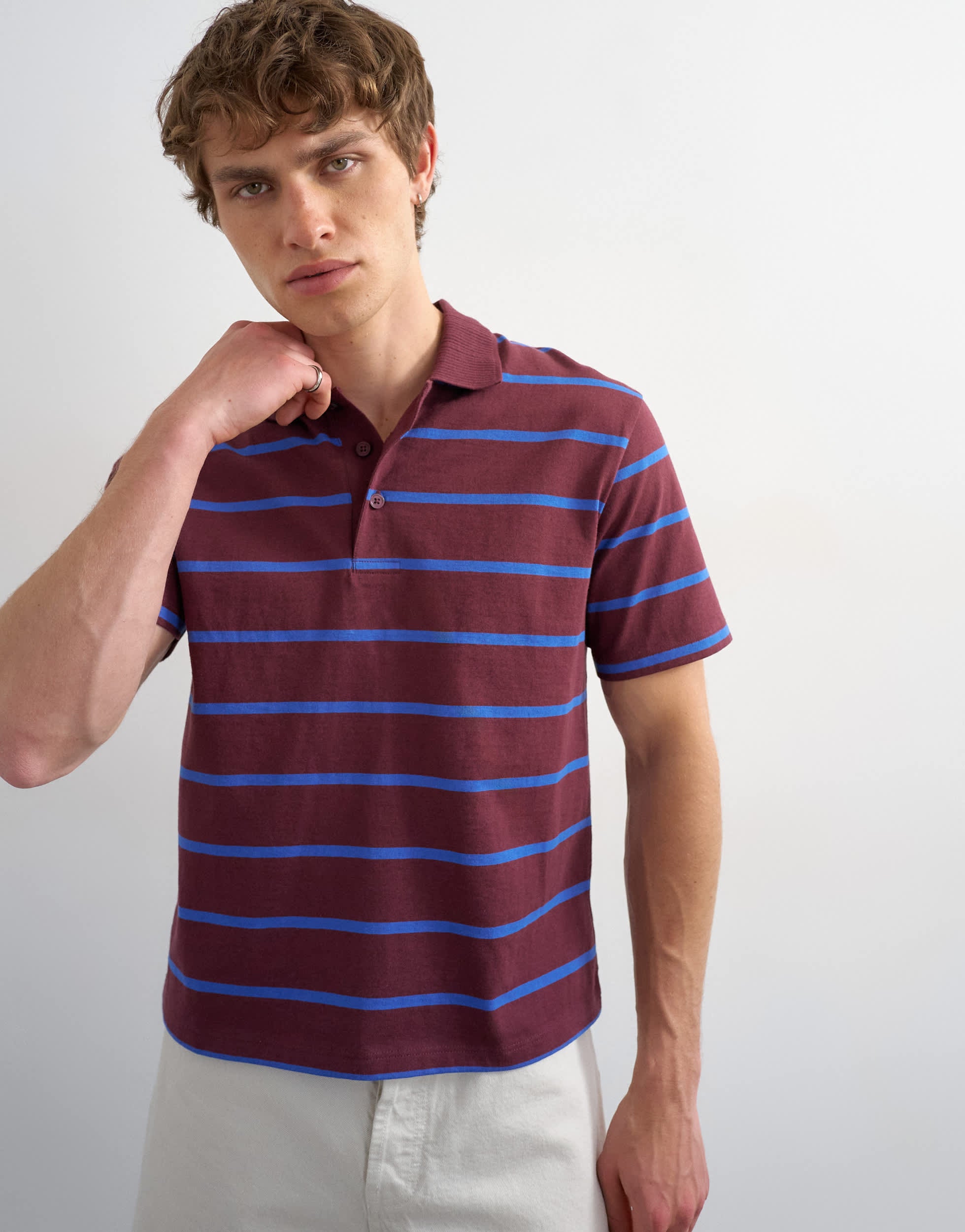 Topman relaxed cropped fit striped polo in dark burgundy