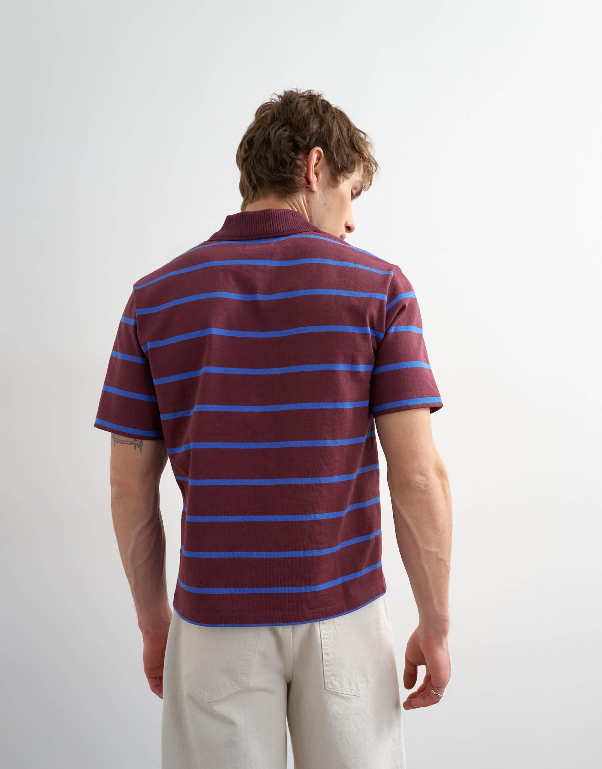 Topman relaxed cropped fit striped polo in dark burgundy