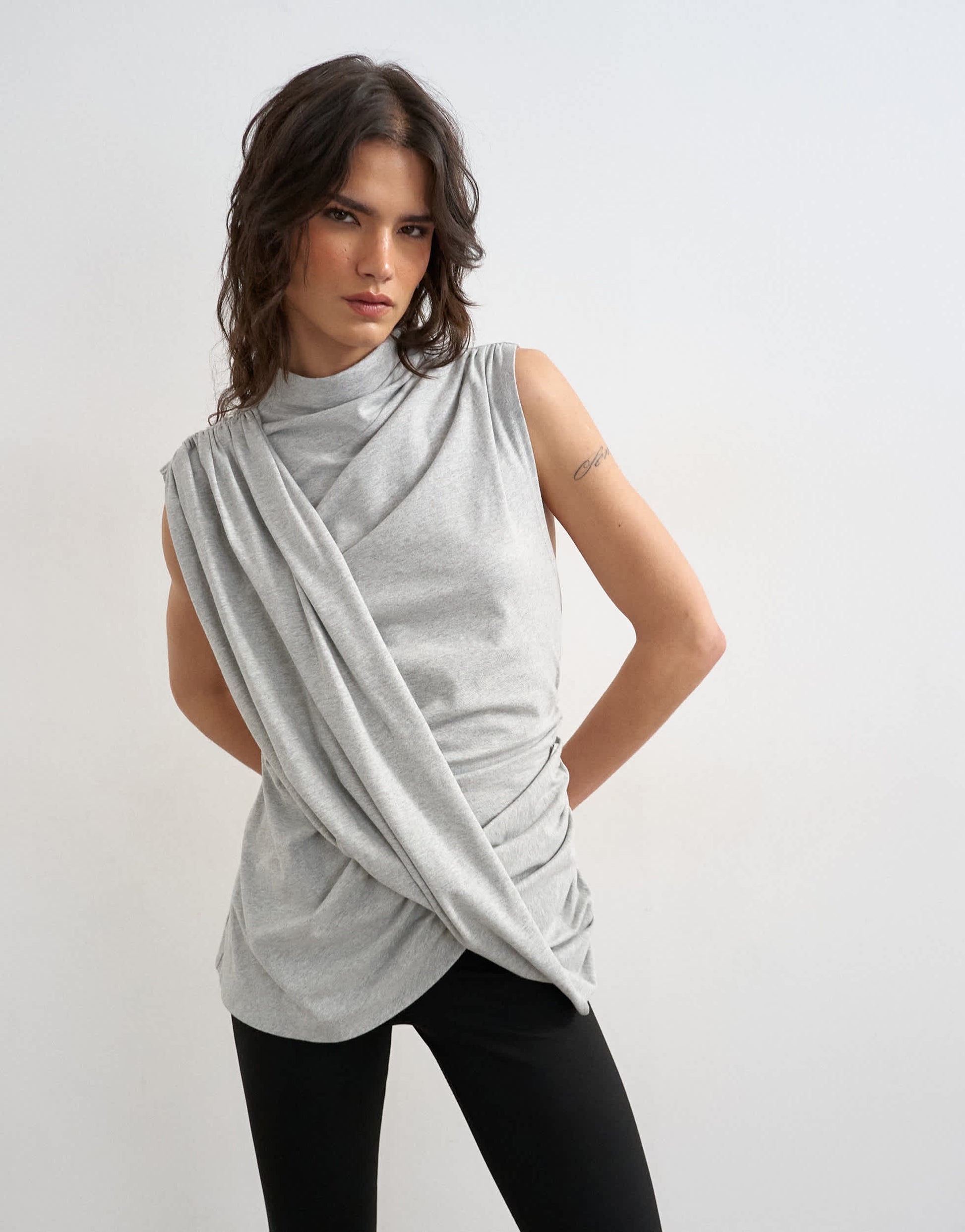 Topshop drape front marl tunic top in grey