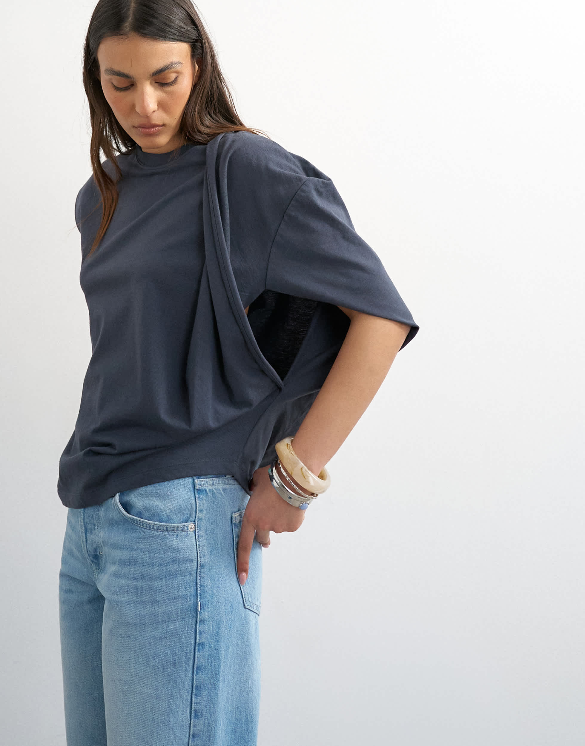 Topshop twist shoulder top in slate