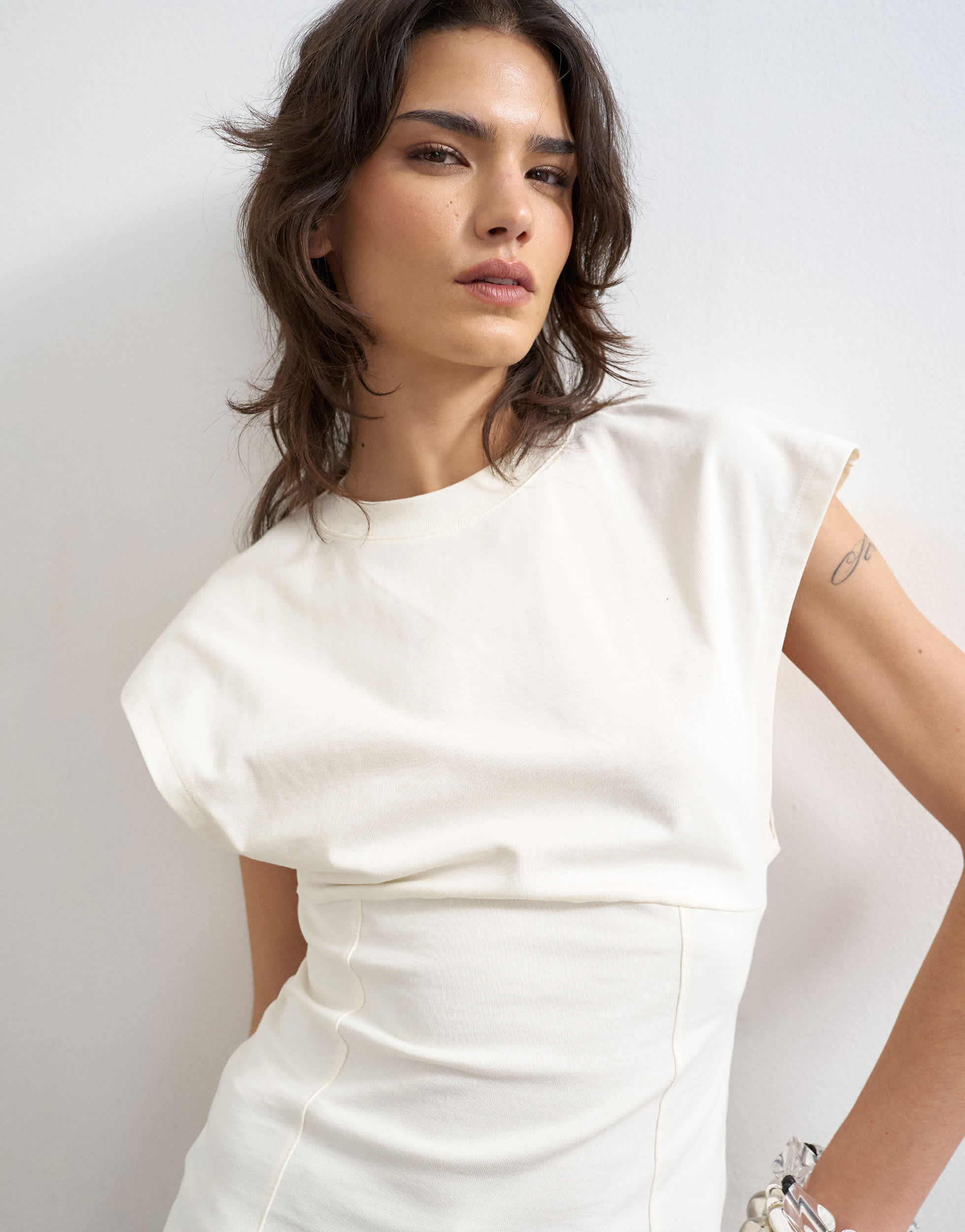 Topshop clean corset seamed cap sleeve top in ivory