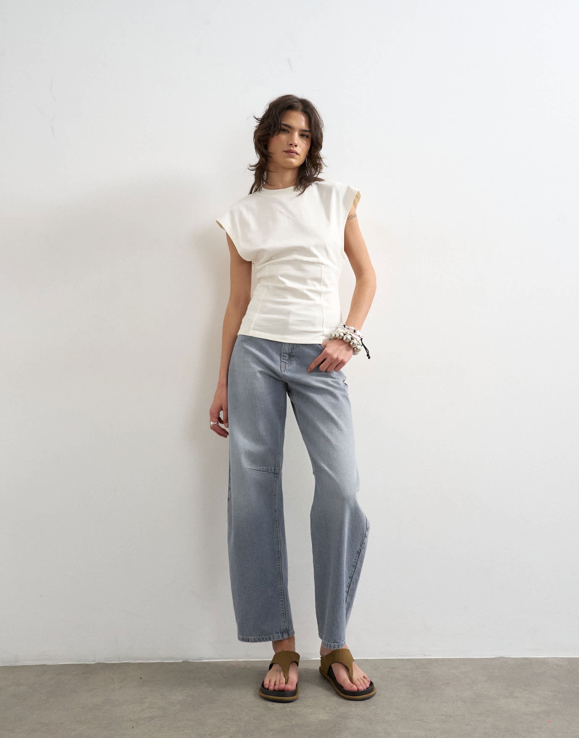Topshop clean corset seamed cap sleeve top in ivory