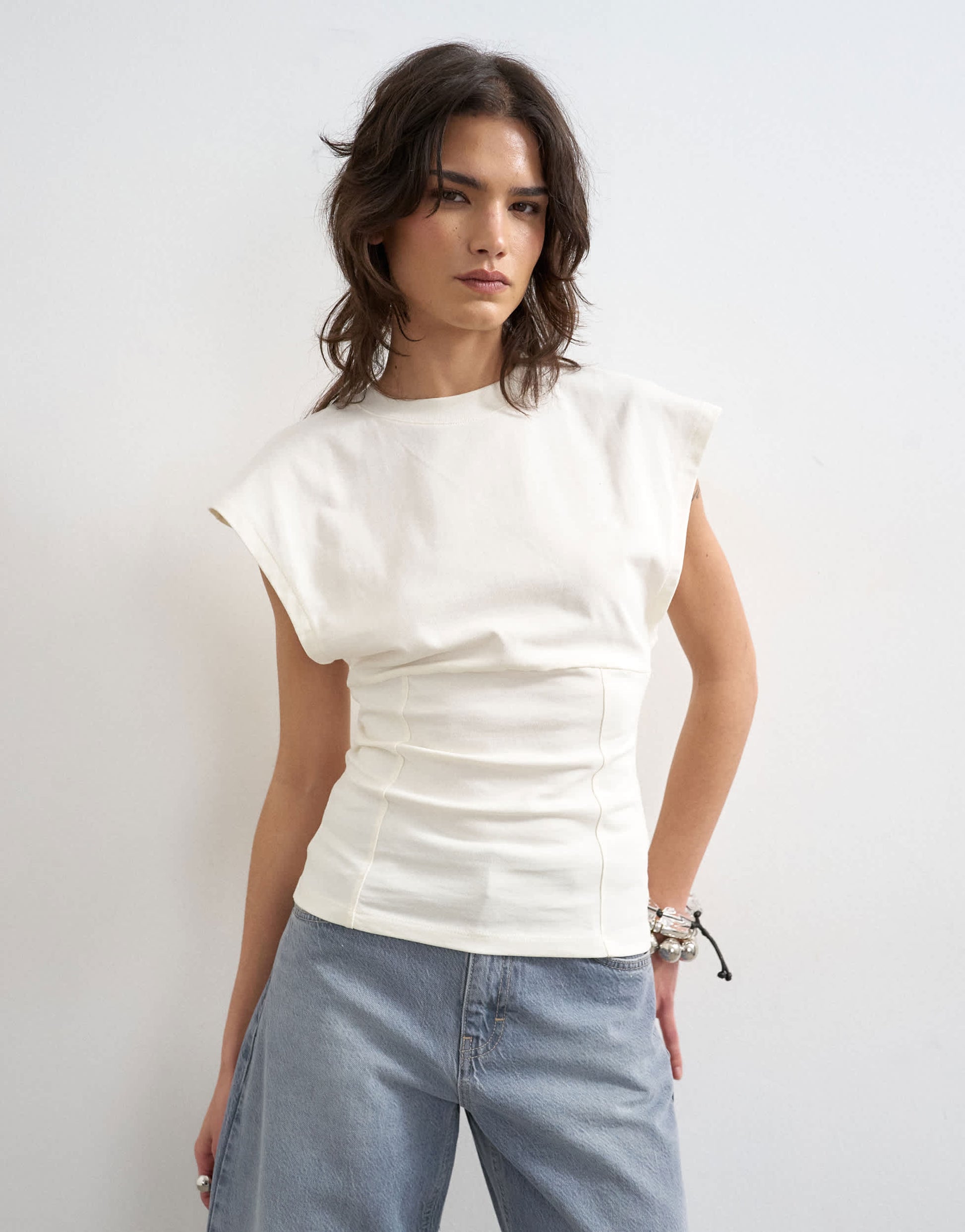 Topshop clean corset seamed cap sleeve top in ivory