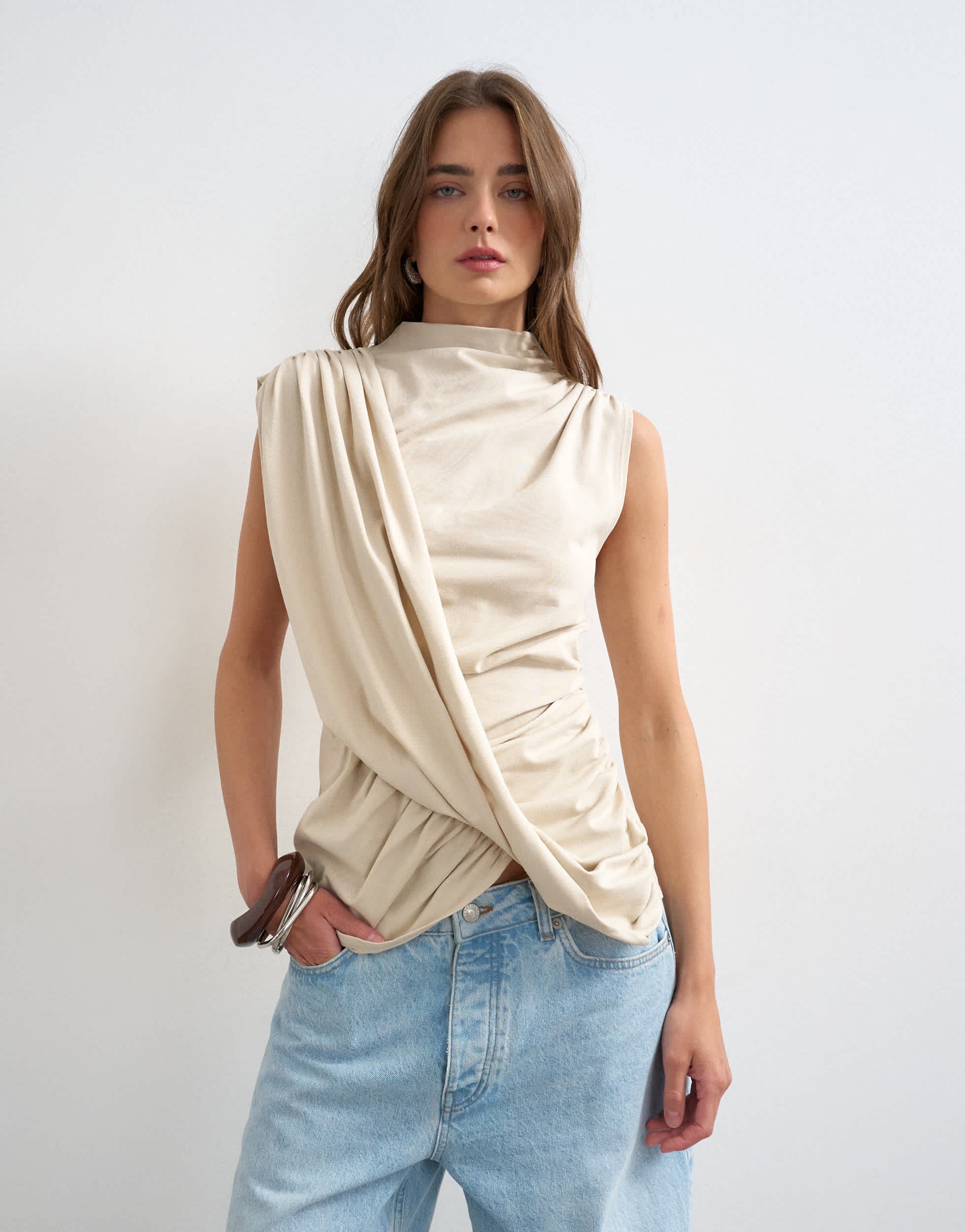 Topshop drape front marl tunic top in oat