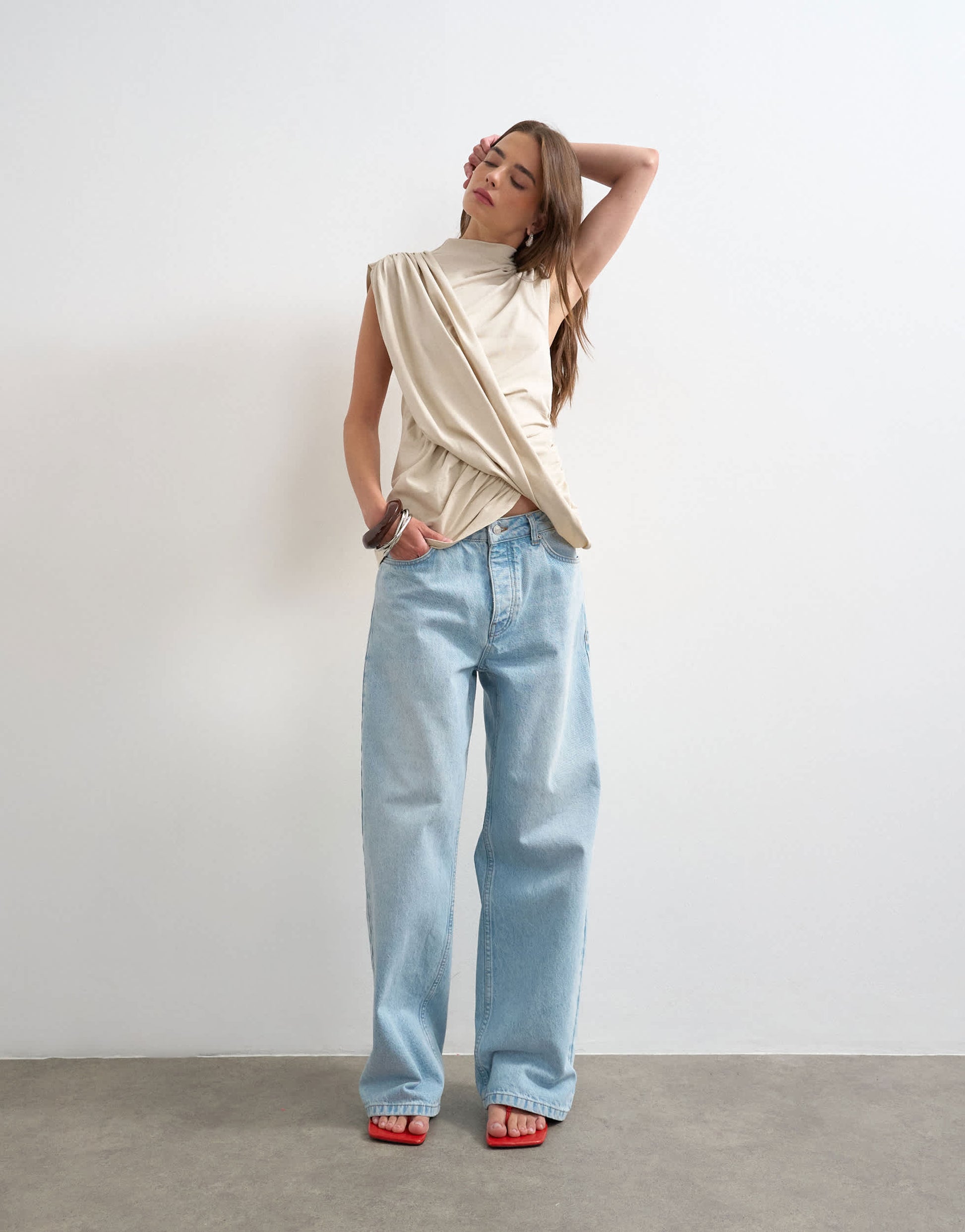 Topshop drape front marl tunic top in oat