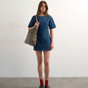 Topshop boat neck structured sleeve mini dress in mid blue