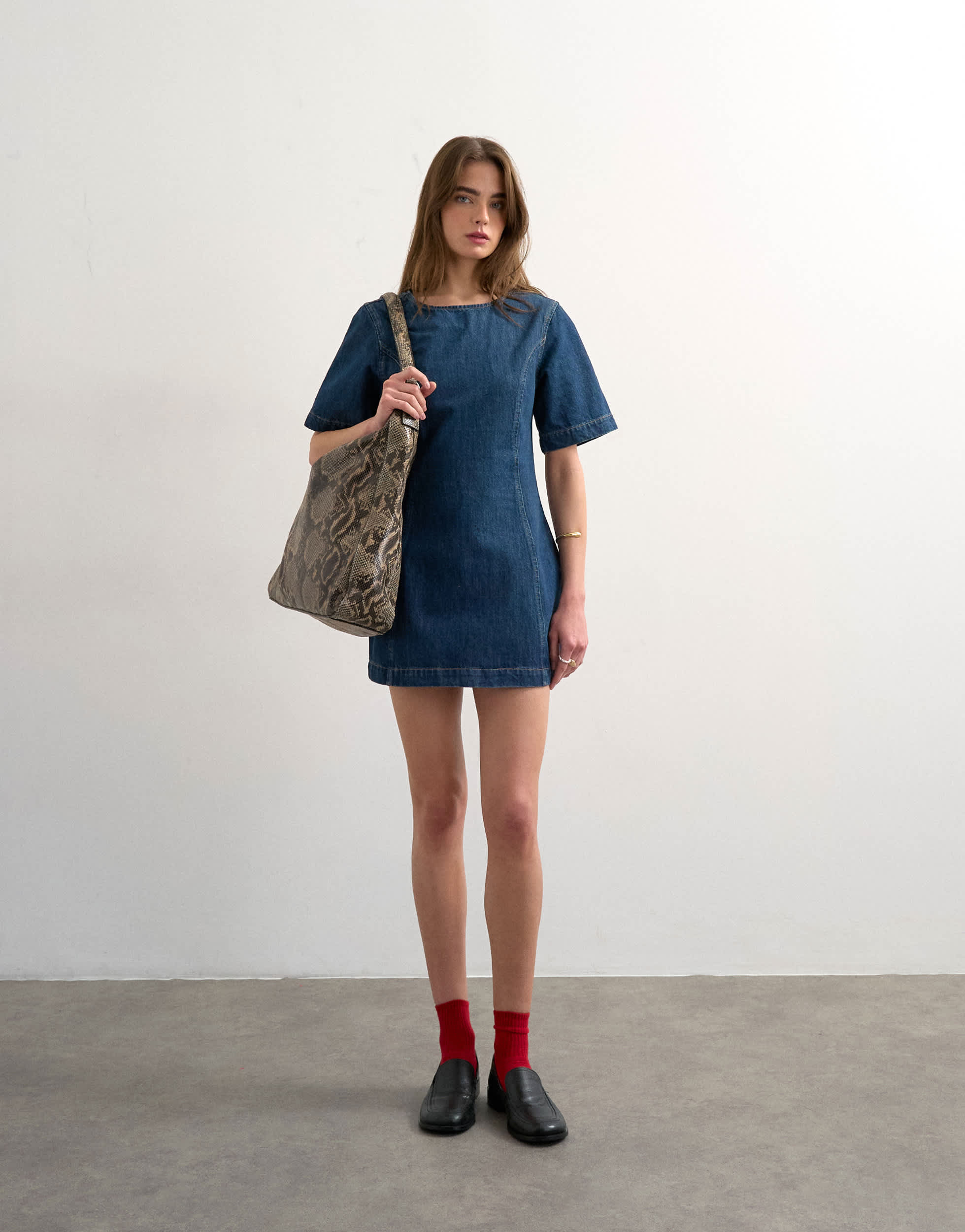 Topshop boat neck structured sleeve mini dress in mid blue