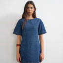 Topshop boat neck structured sleeve mini dress in mid blue