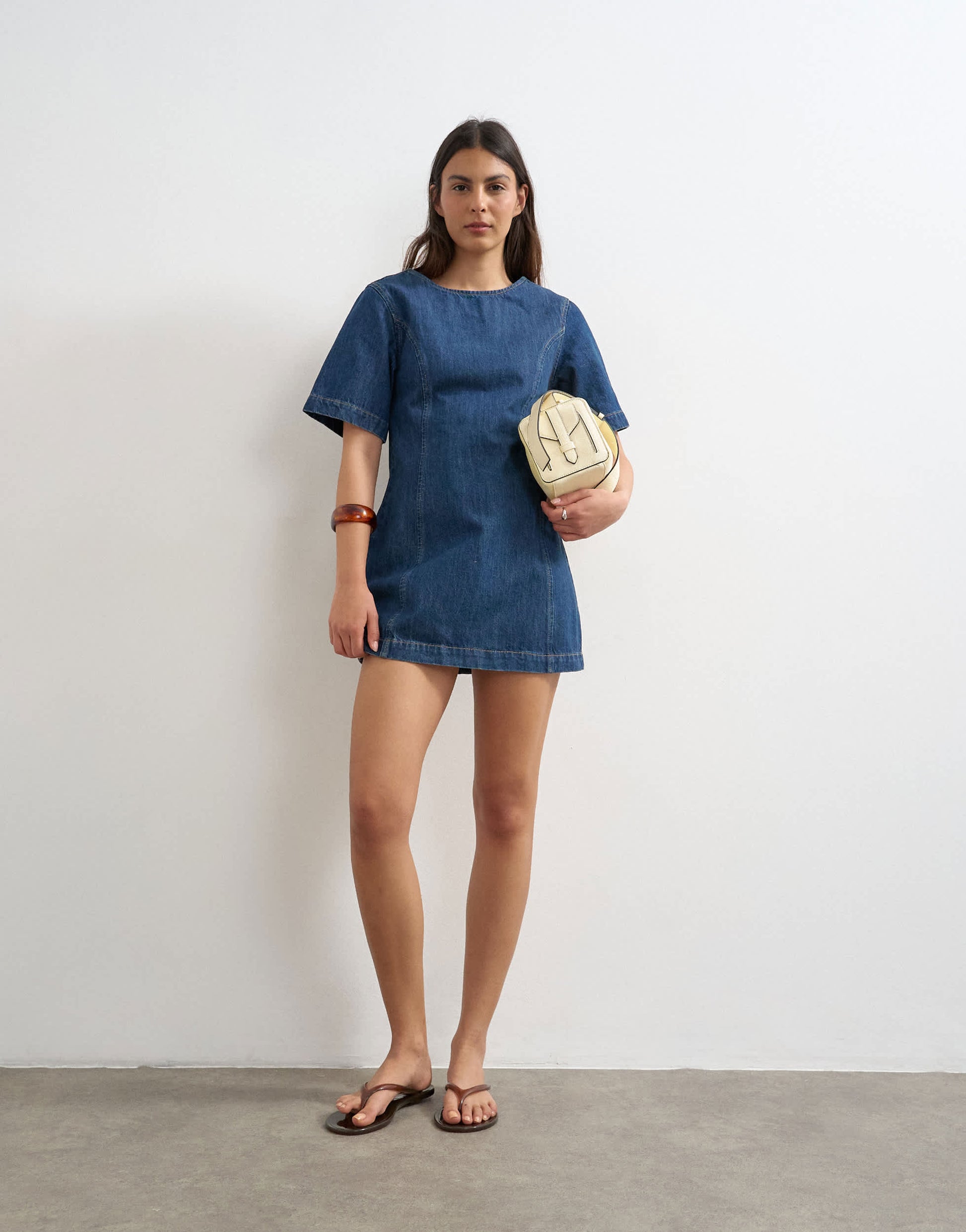 Topshop boat neck structured sleeve mini dress in mid blue