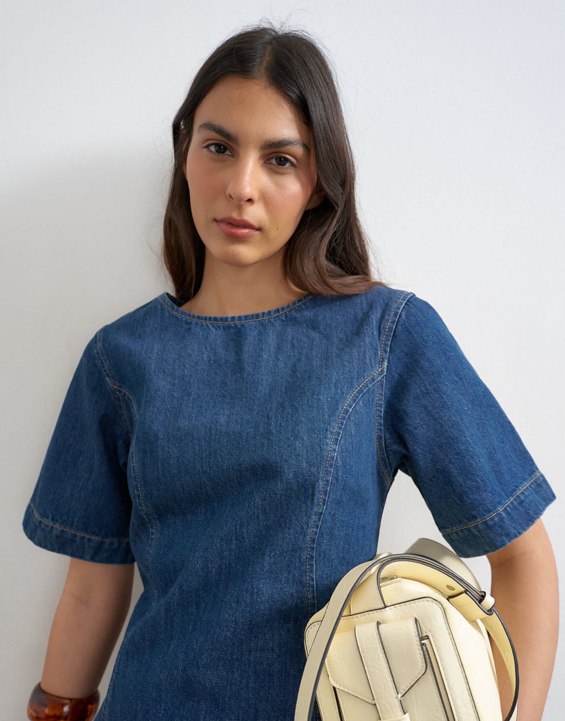 Topshop boat neck structured sleeve mini dress in mid blue
