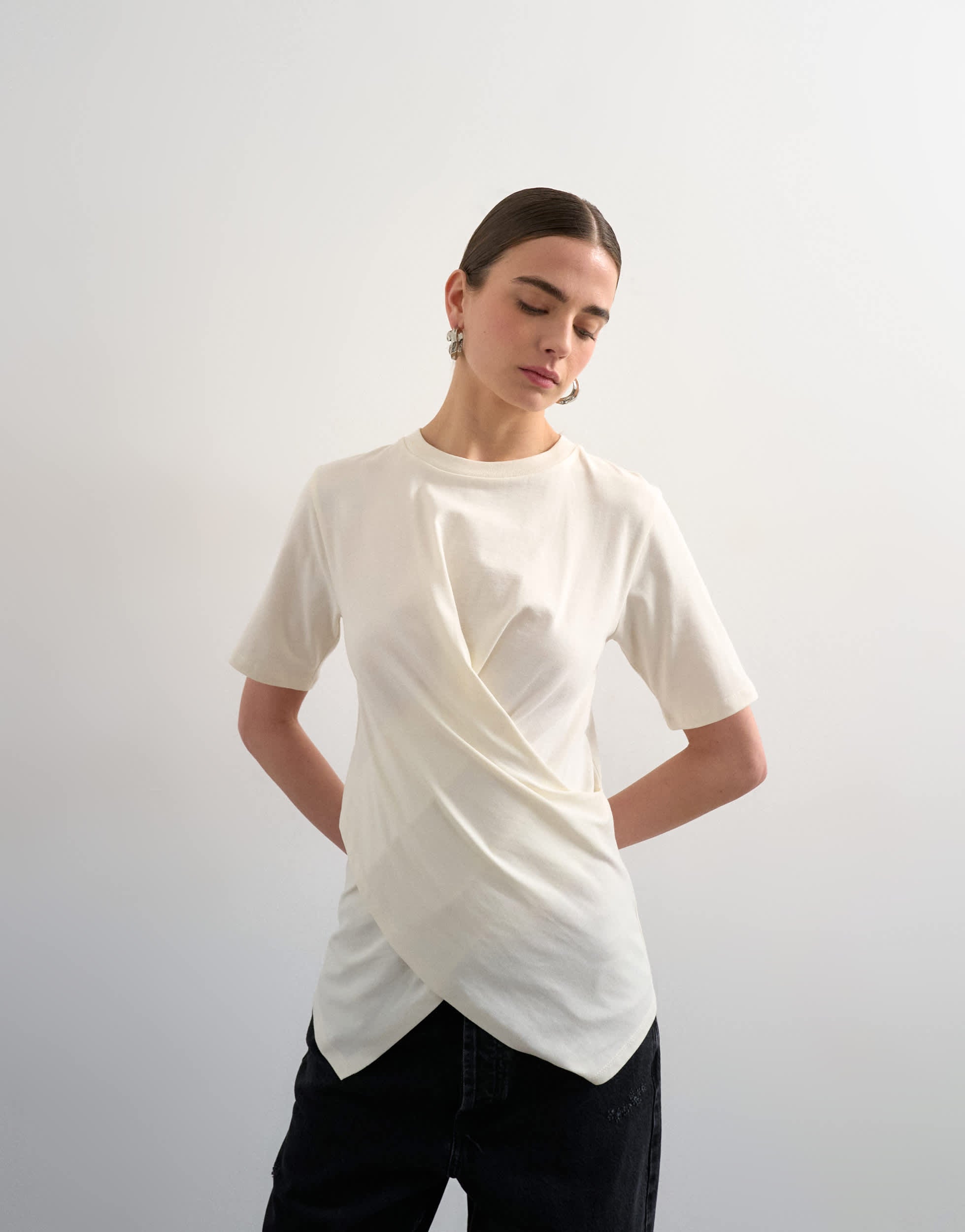 Topshop wrap front half sleeve top in ecru