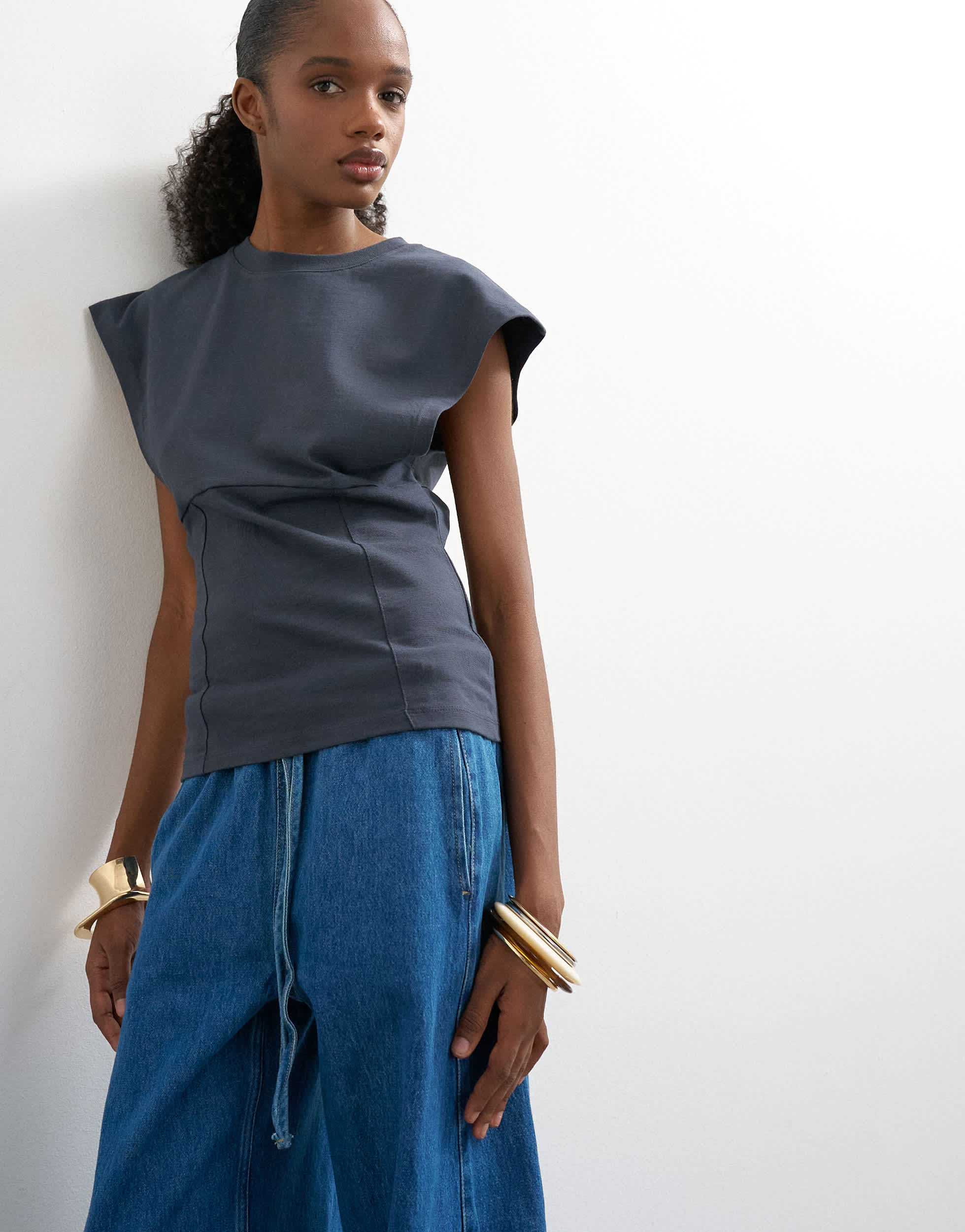 Topshop clean corset seamed cap sleeve top in charcoal