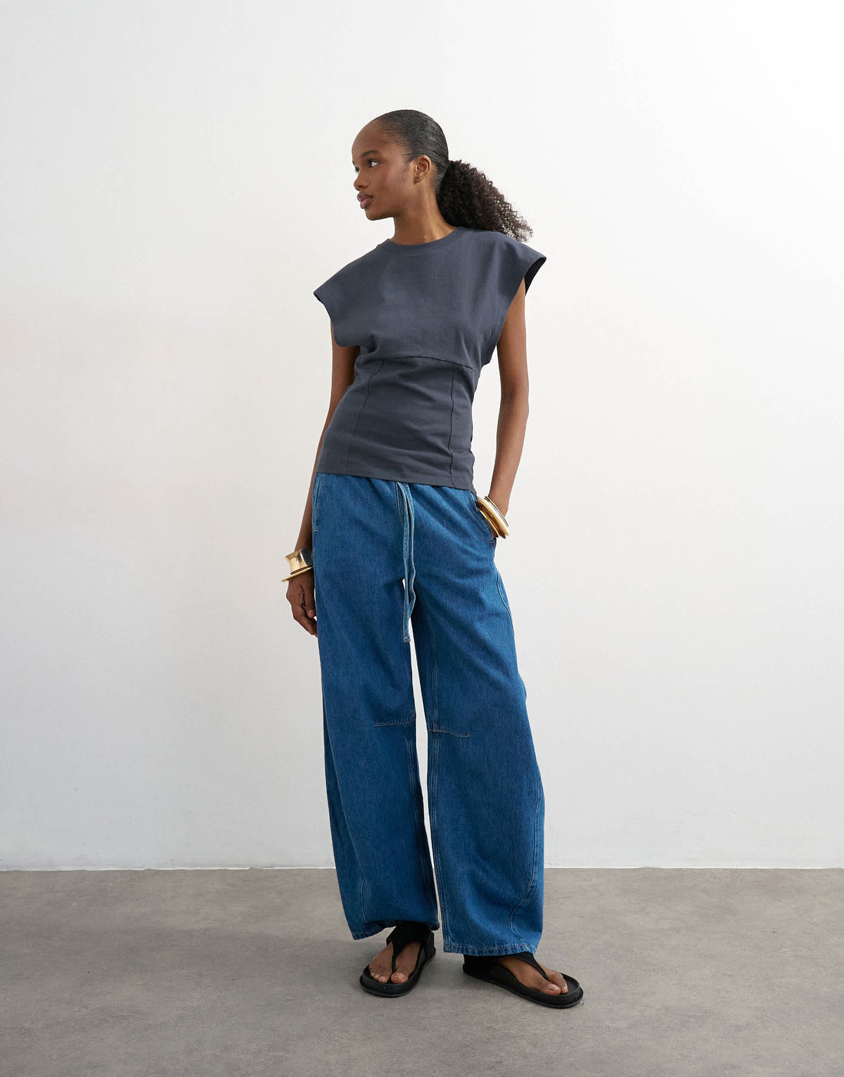 Topshop clean corset seamed cap sleeve top in charcoal