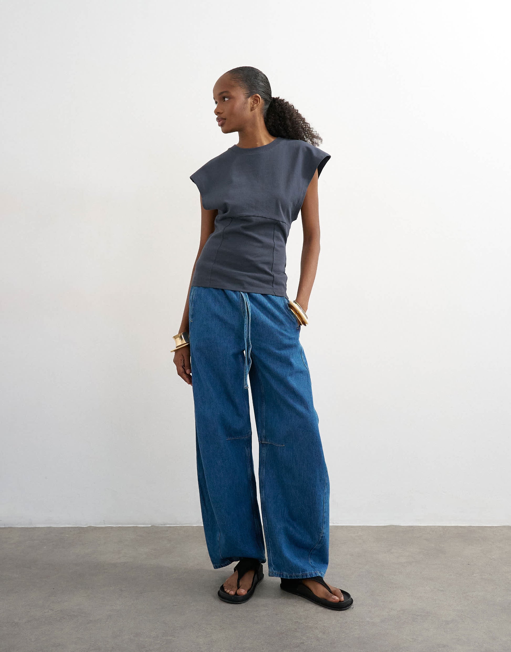 Topshop clean corset seamed cap sleeve top in charcoal