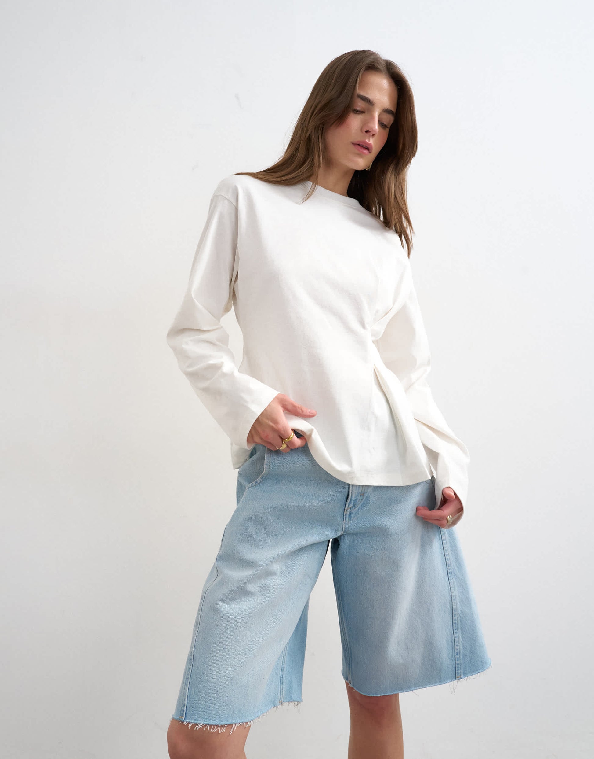 Topshop tuck waist long sleeve tee in ivory