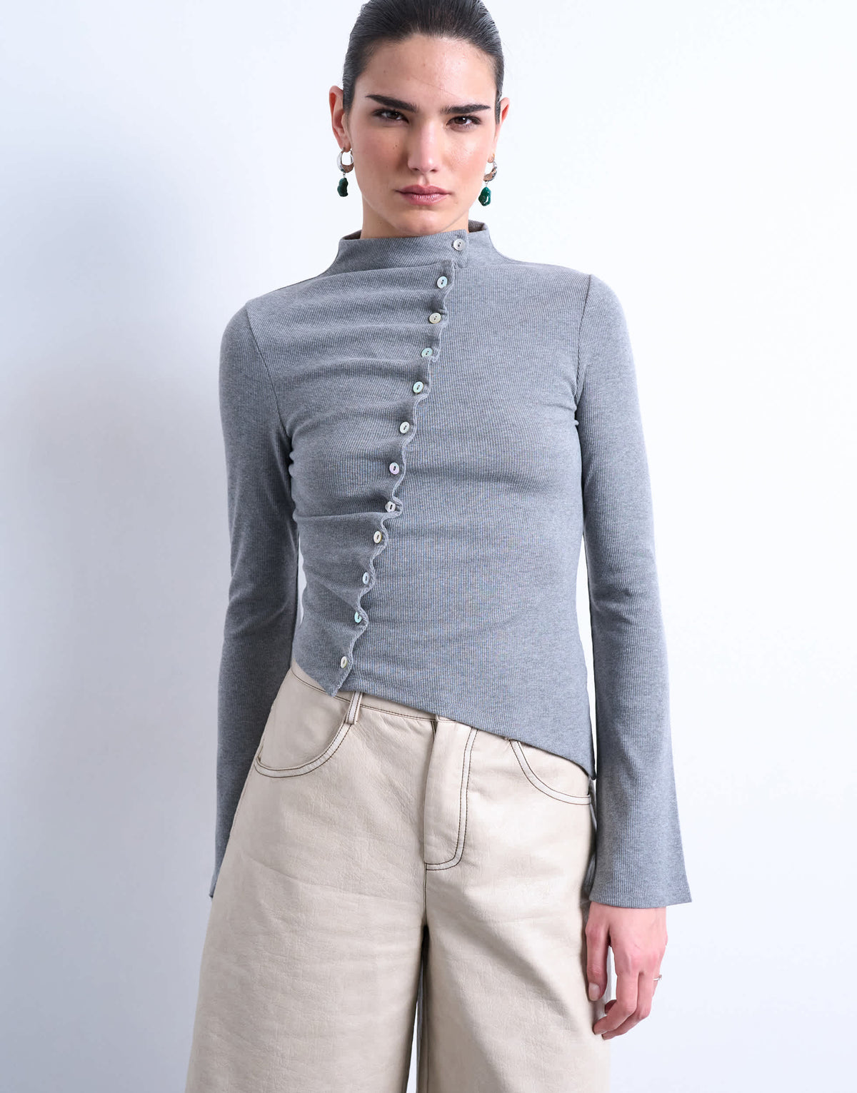 Topshop high neck ruffle button long sleeve top in grey marl