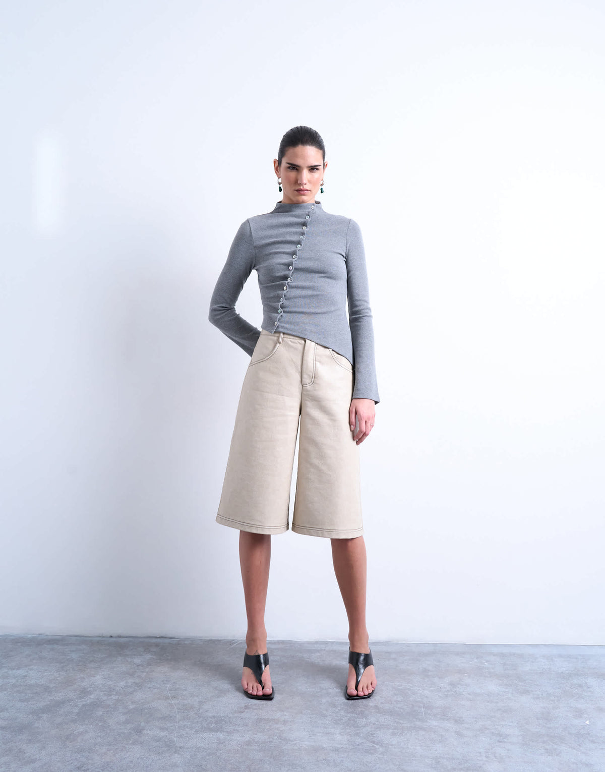 Topshop high neck ruffle button long sleeve top in grey marl