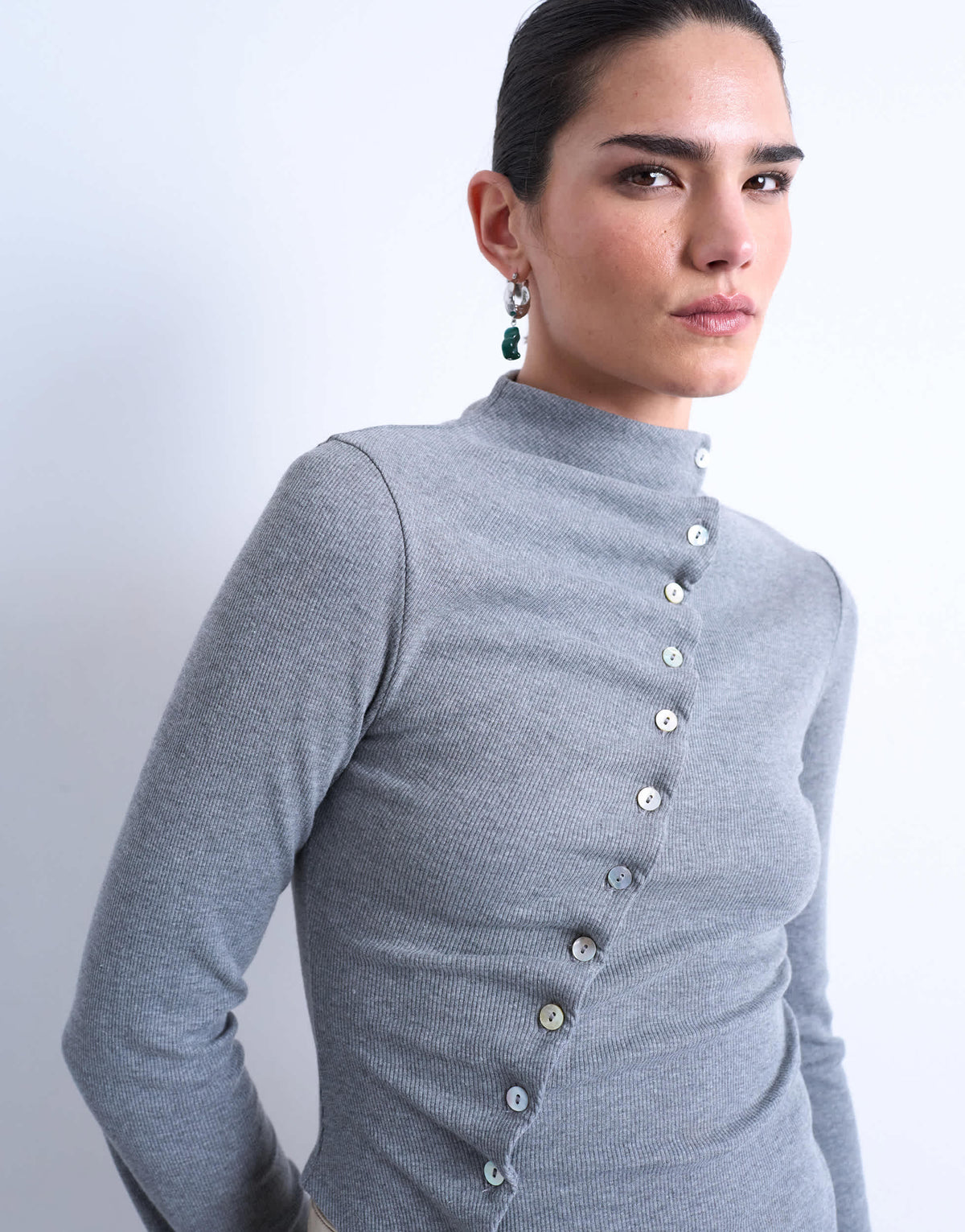 Topshop high neck ruffle button long sleeve top in grey marl