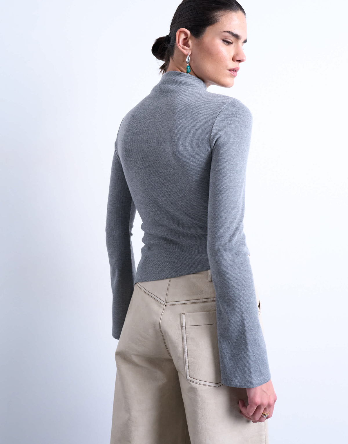 Topshop high neck ruffle button long sleeve top in grey marl