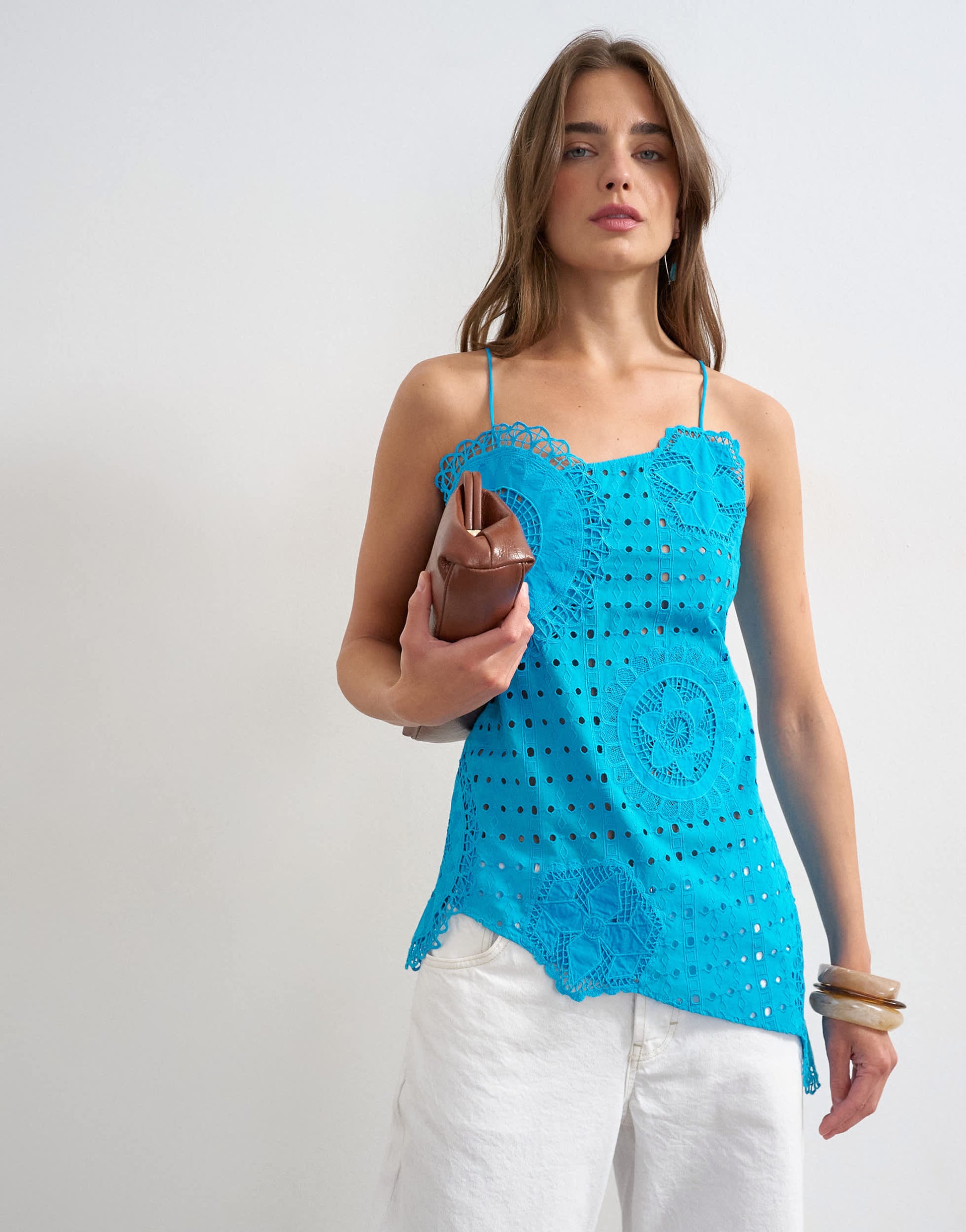 Topshop broderie embroidered tie back cami in blue