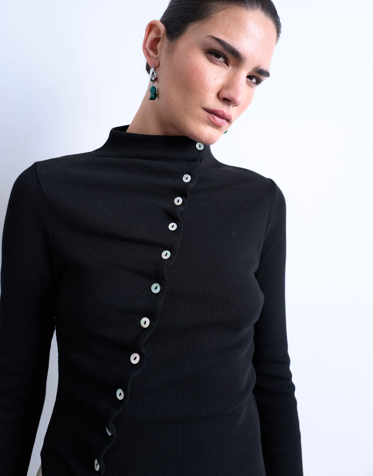 Topshop high neck ruffle button long sleeve top in black