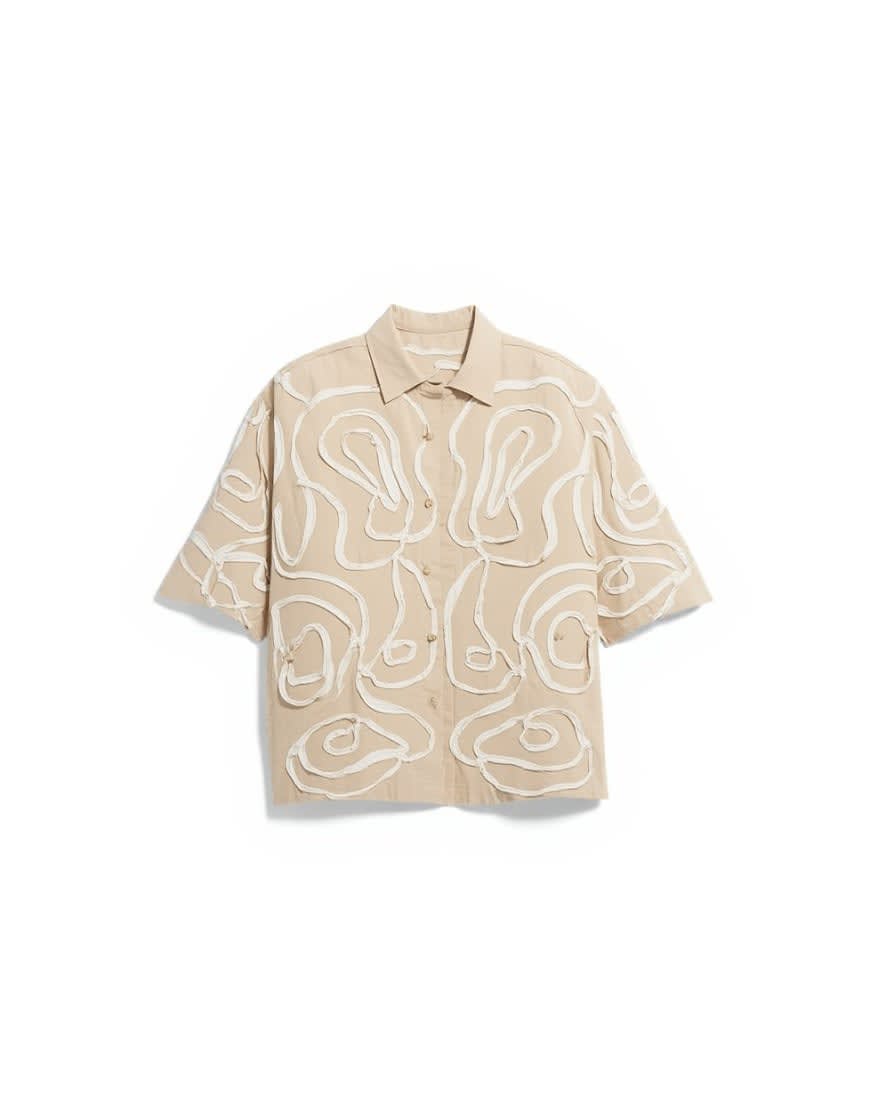 Topman relaxed fit crop shirt with all over floral rope applique in stone