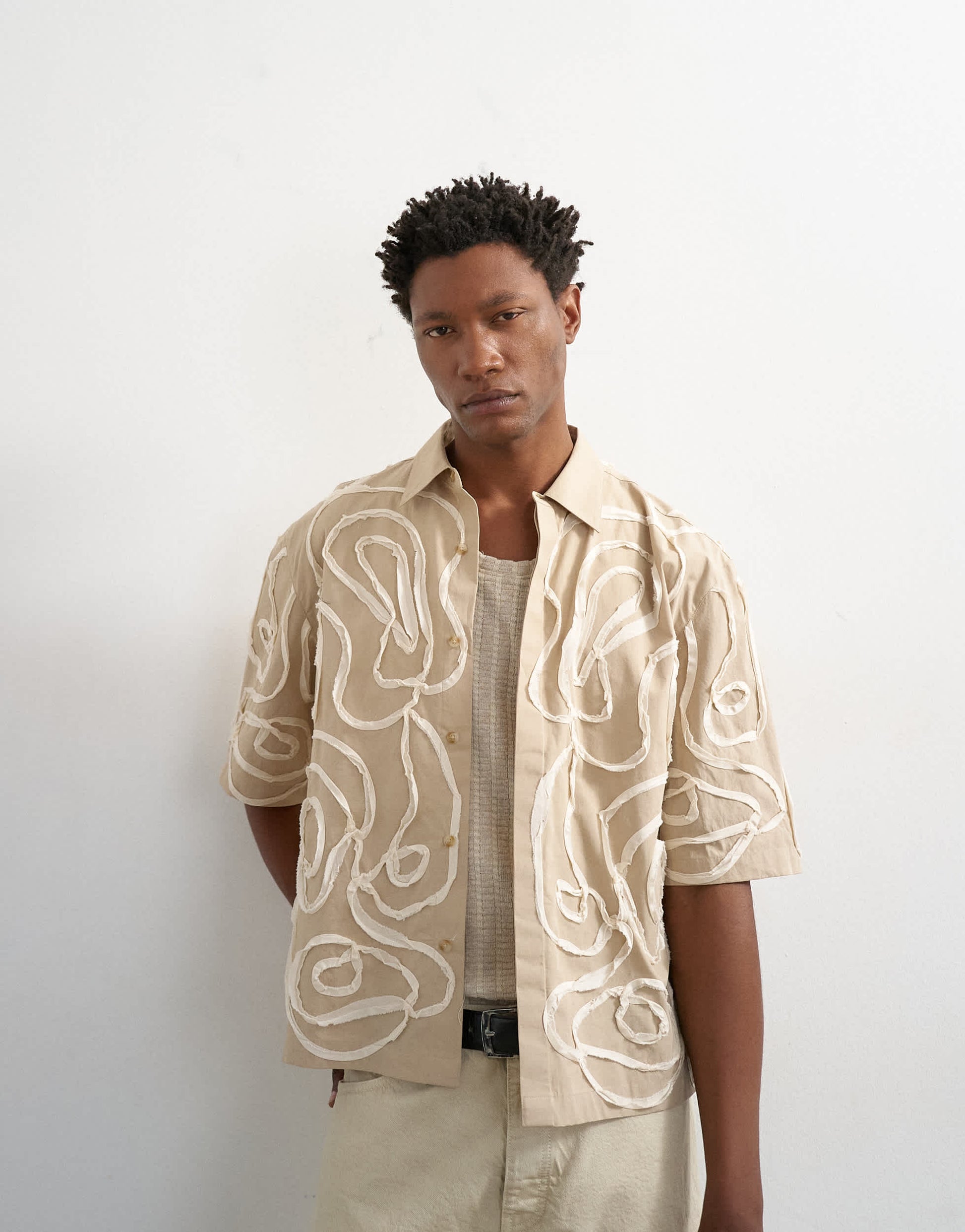 Topman relaxed fit crop shirt with all over floral rope applique in stone