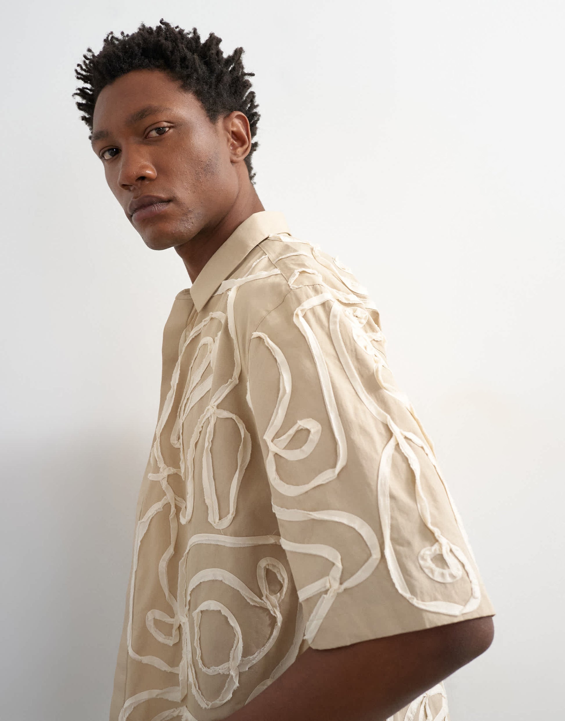 Topman relaxed fit crop shirt with all over floral rope applique in stone
