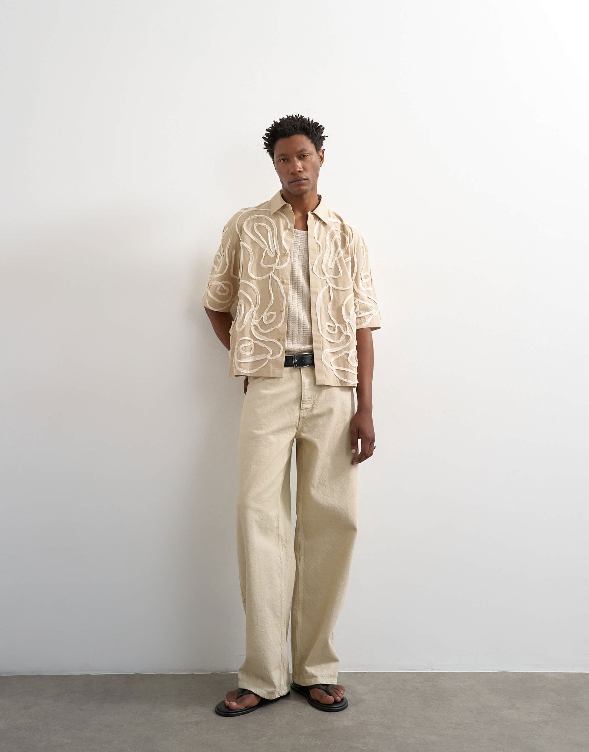 Topman relaxed fit crop shirt with all over floral rope applique in stone