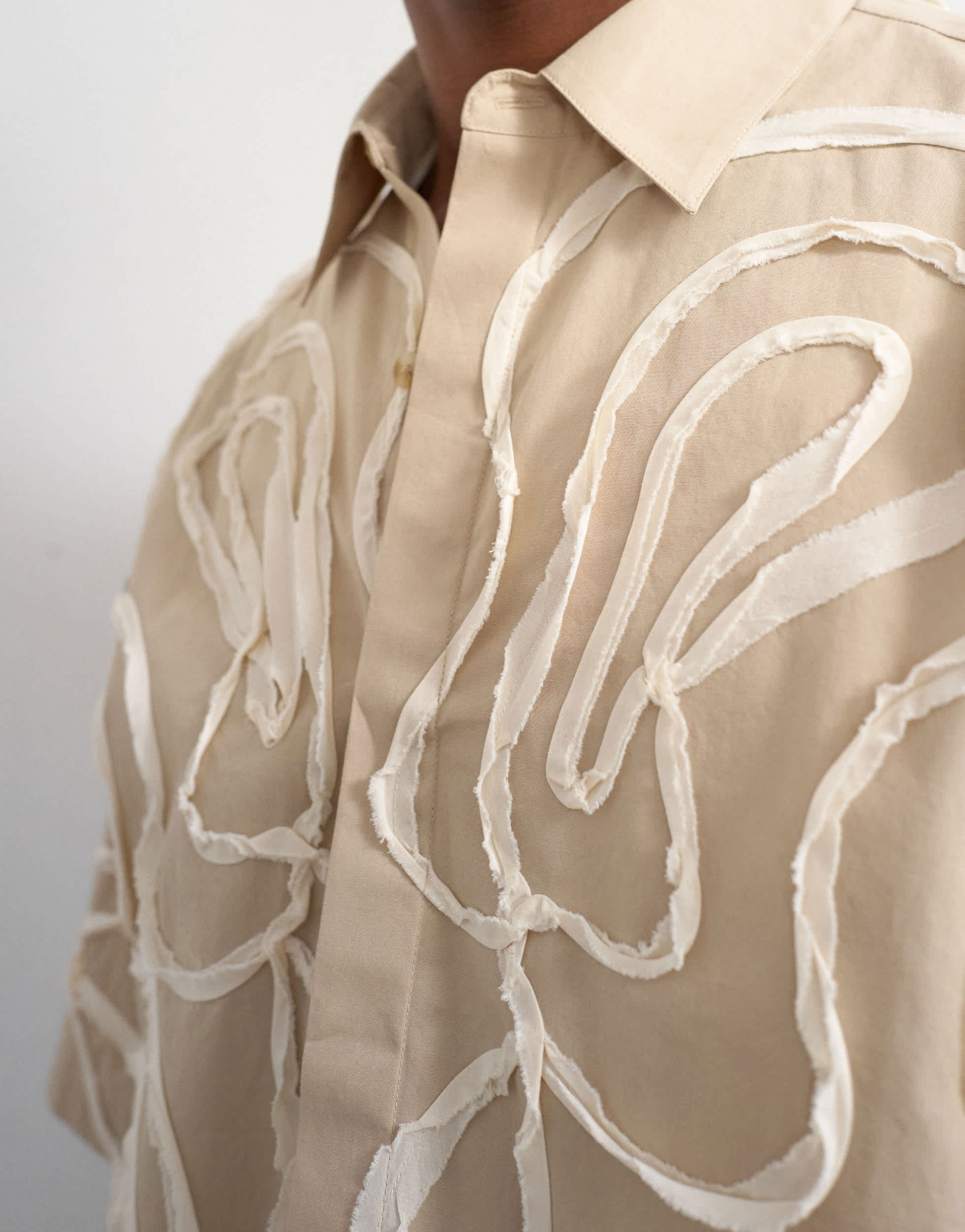 Topman relaxed fit crop shirt with all over floral rope applique in stone