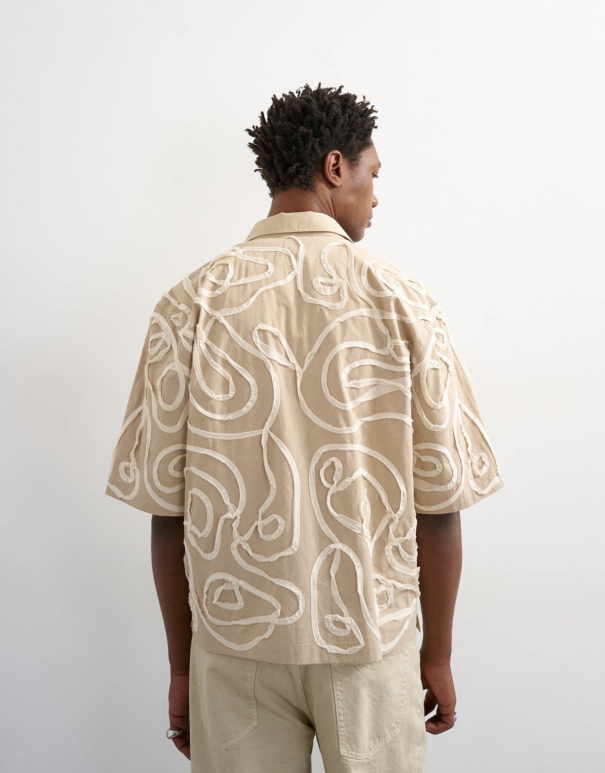 Topman relaxed fit crop shirt with all over floral rope applique in stone