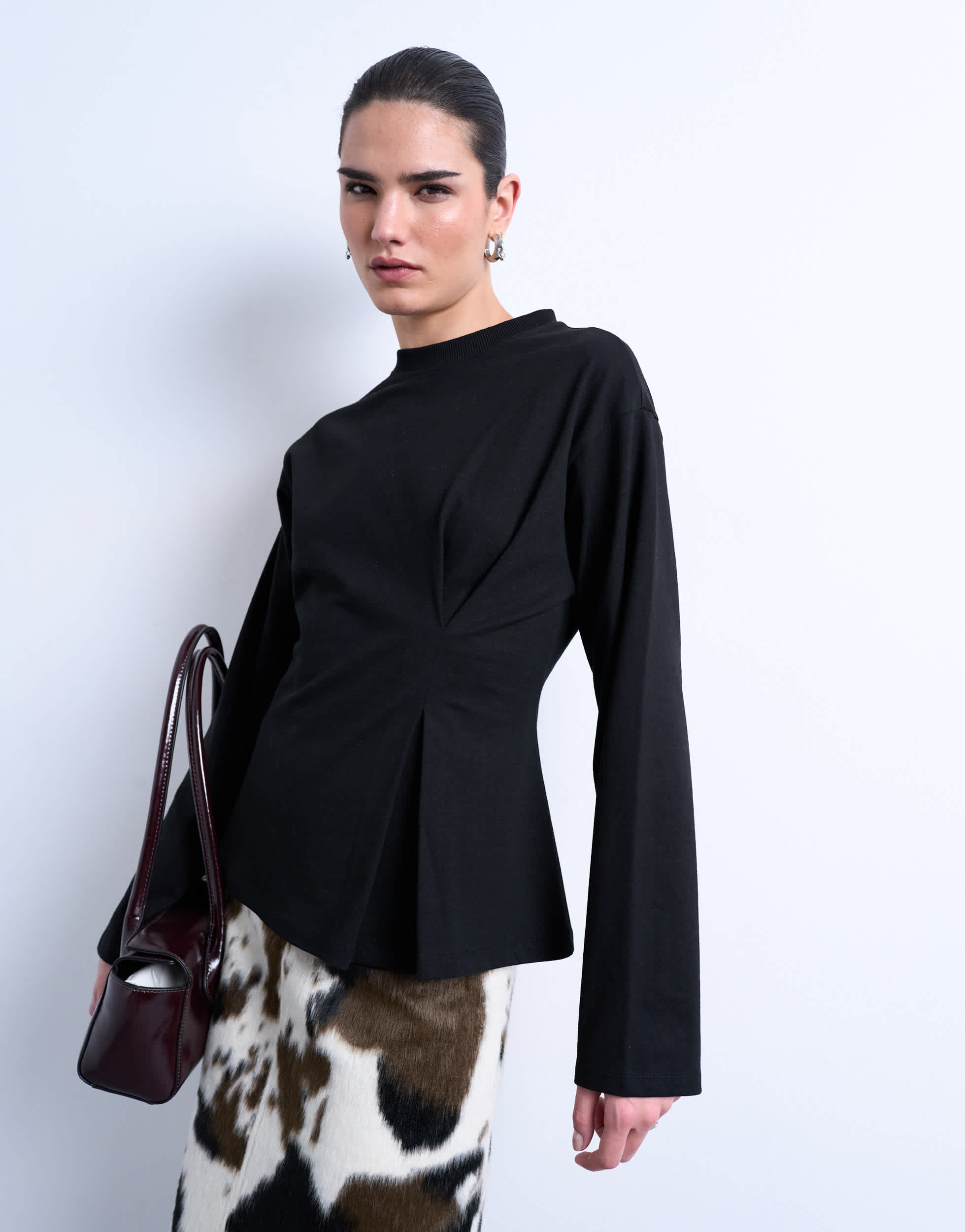 Topshop tuck waist long sleeve tee in black