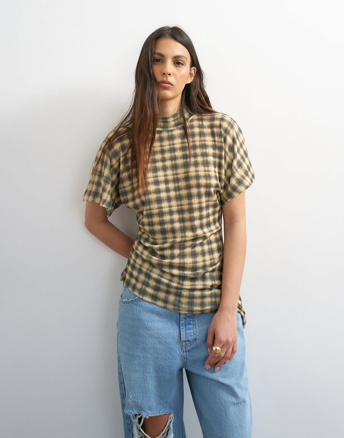 Topshop mesh check funnel tunic top in check print