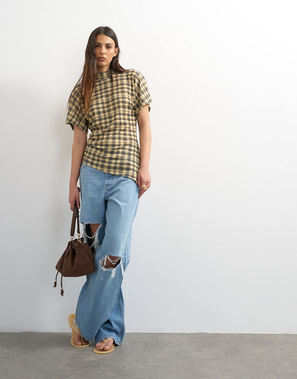 Topshop mesh check funnel tunic top in check print