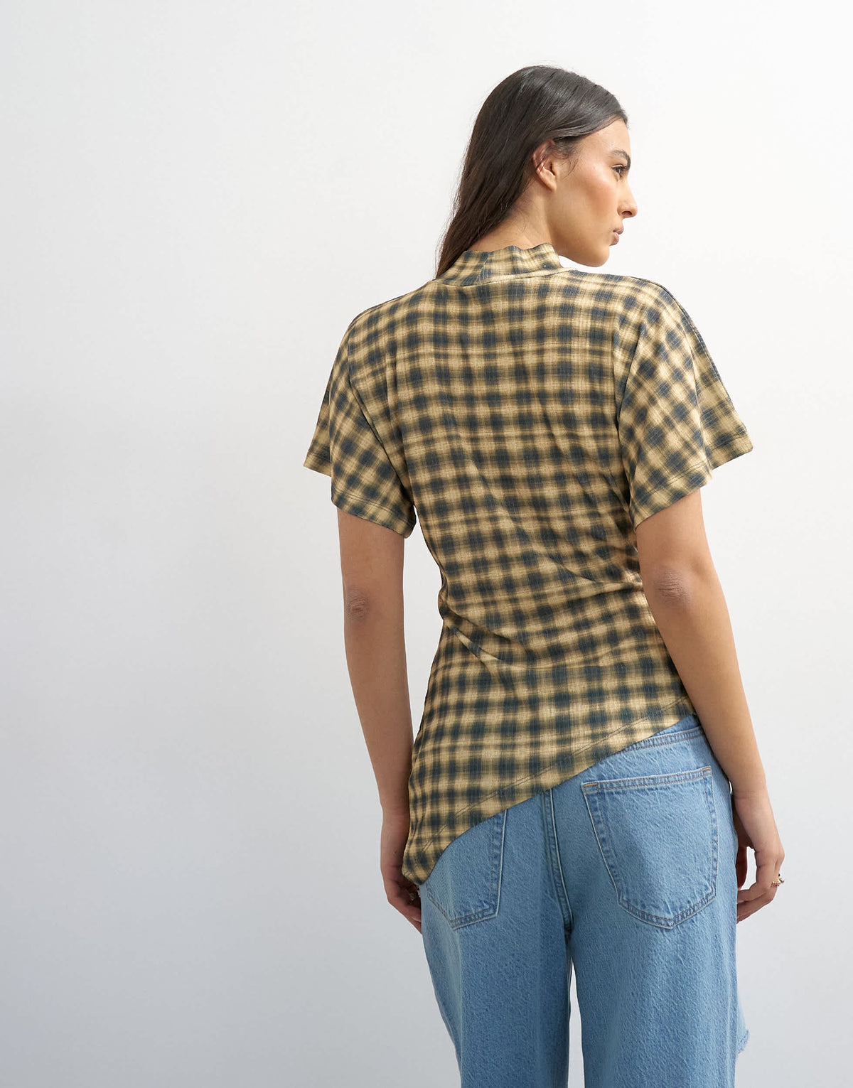 Topshop mesh check funnel tunic top in check print