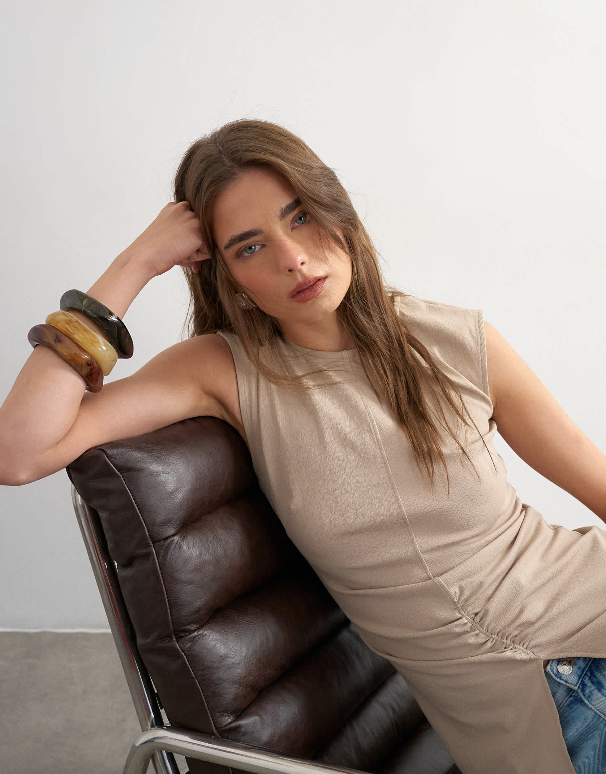 Topshop clean ruched tank in oat